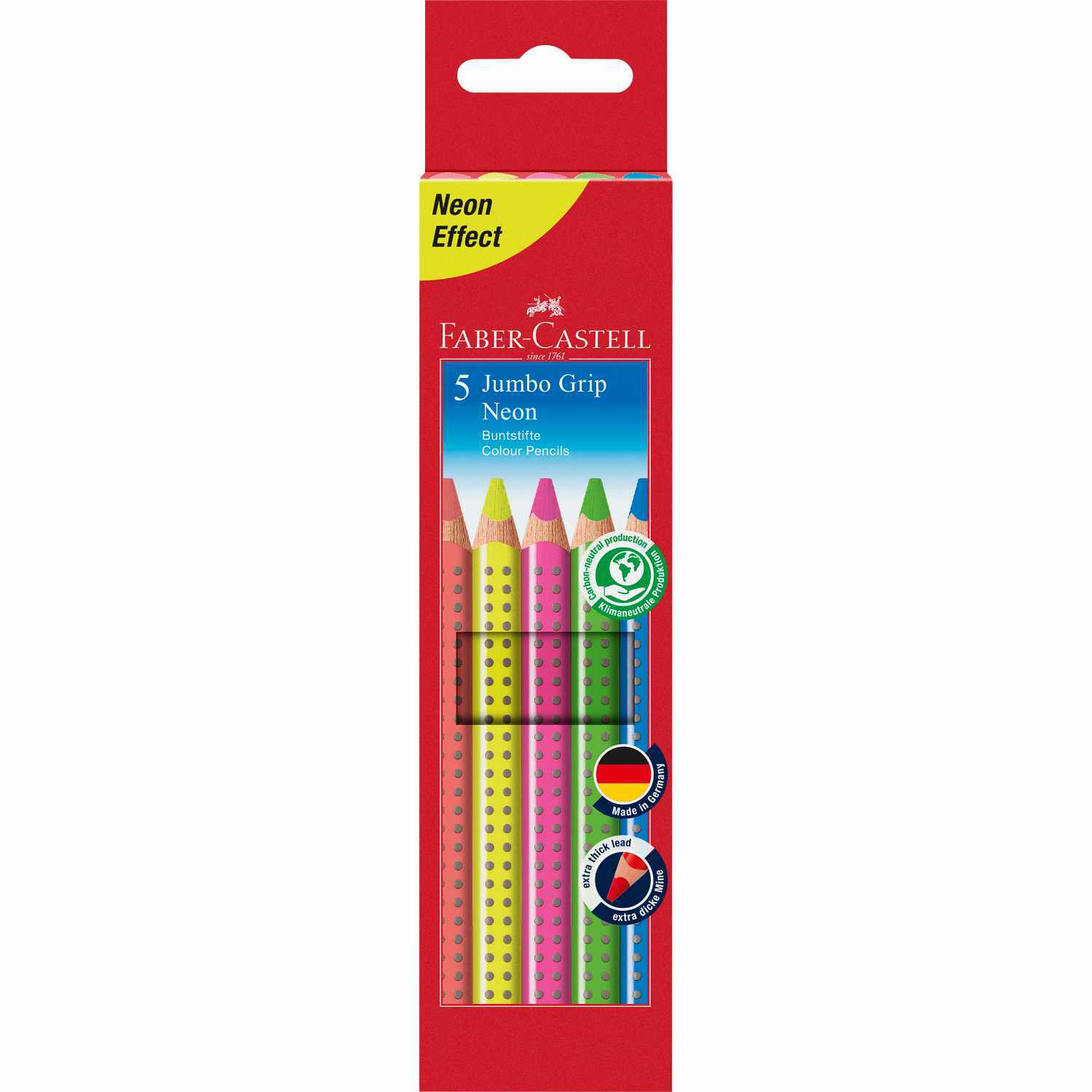 Jumbo Grip neon 5er Set von Faber Castell: Fünf neonfarbene Buntstifte in einer roten Verpackung mit Umwelt- und Qualitätssiegeln.
