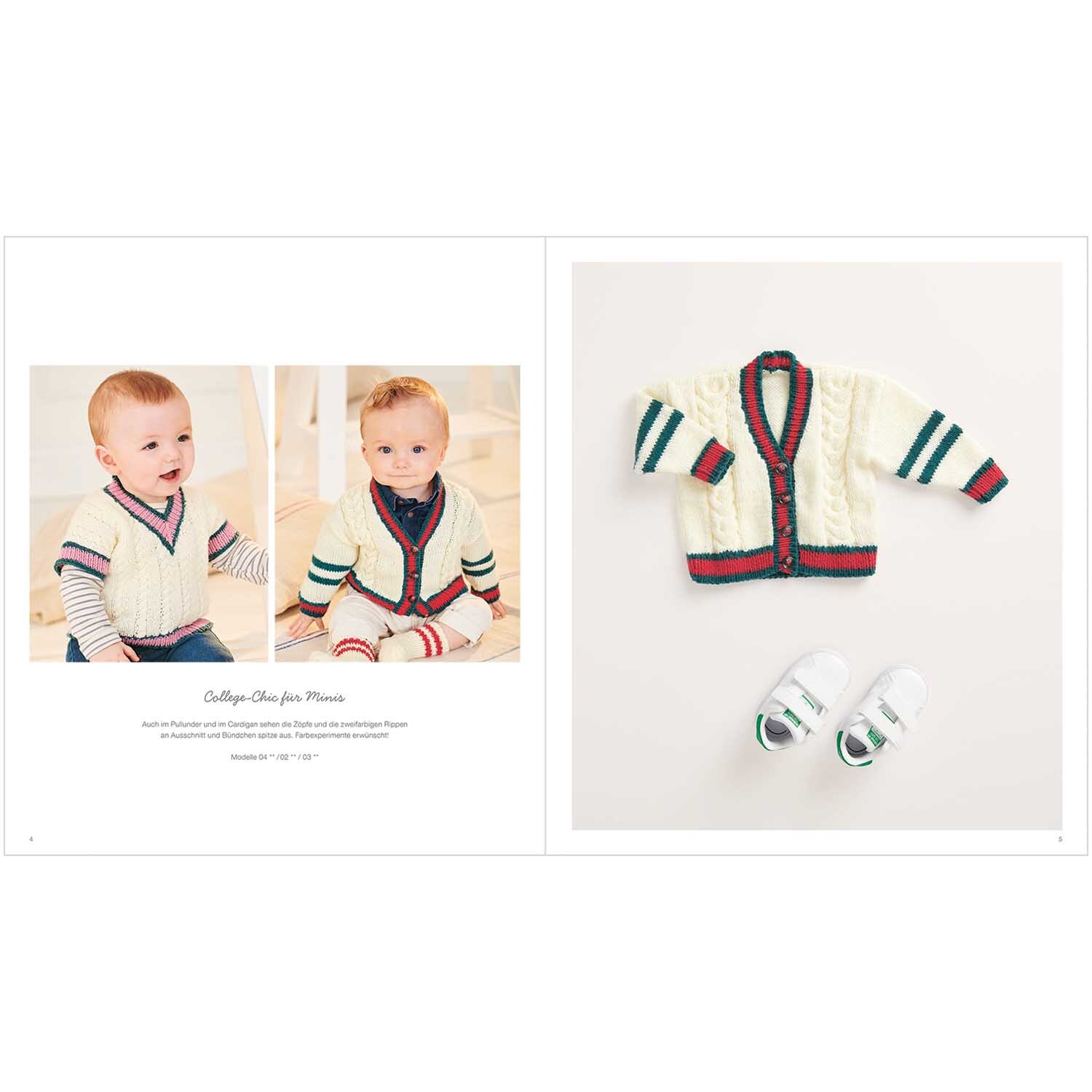Rico Baby Heft Nr.34 zeigt ein cremefarbenes Baby-Set mit Strickjacke und passenden Schuhen.
