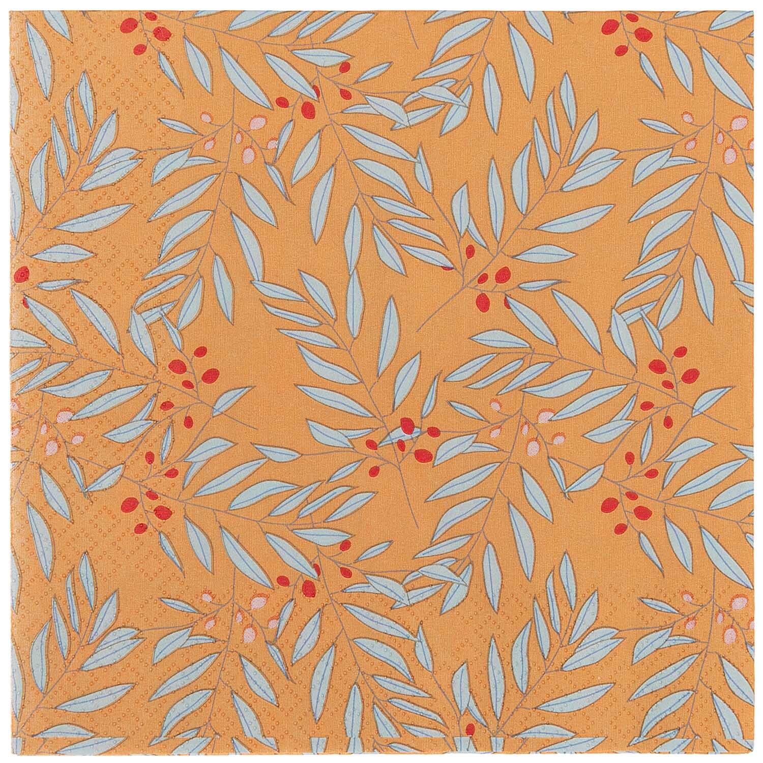 Servietten Zweige orange 33x33cm 20 Stück mit zarten blauen Blättern und roten Beeren, ideal für herbstliche Dekorationen.