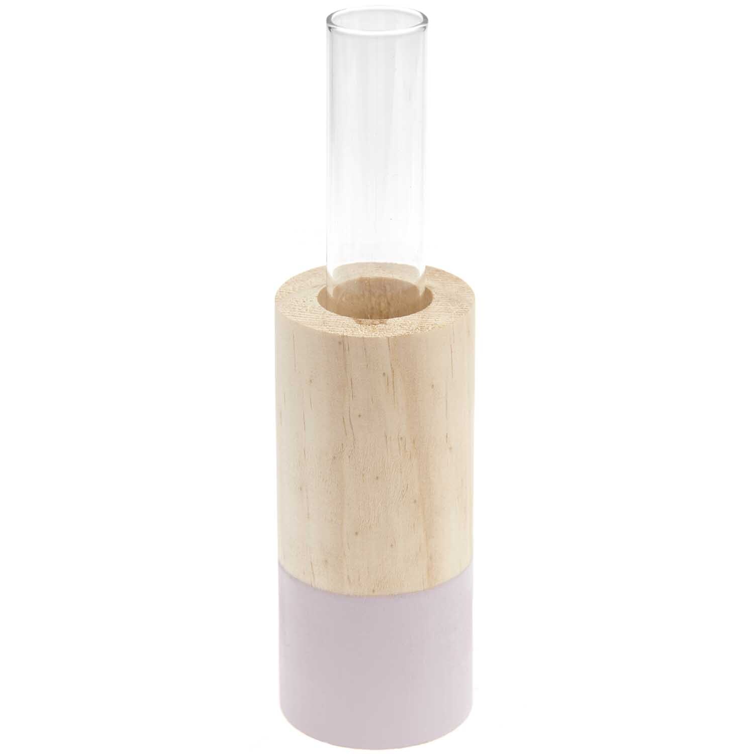 Holz Vase mit Reagenzglas Flieder von Rico Design, 4x10cm. Elegantes Design mit natürlichem Holz und zartem Fliederton.