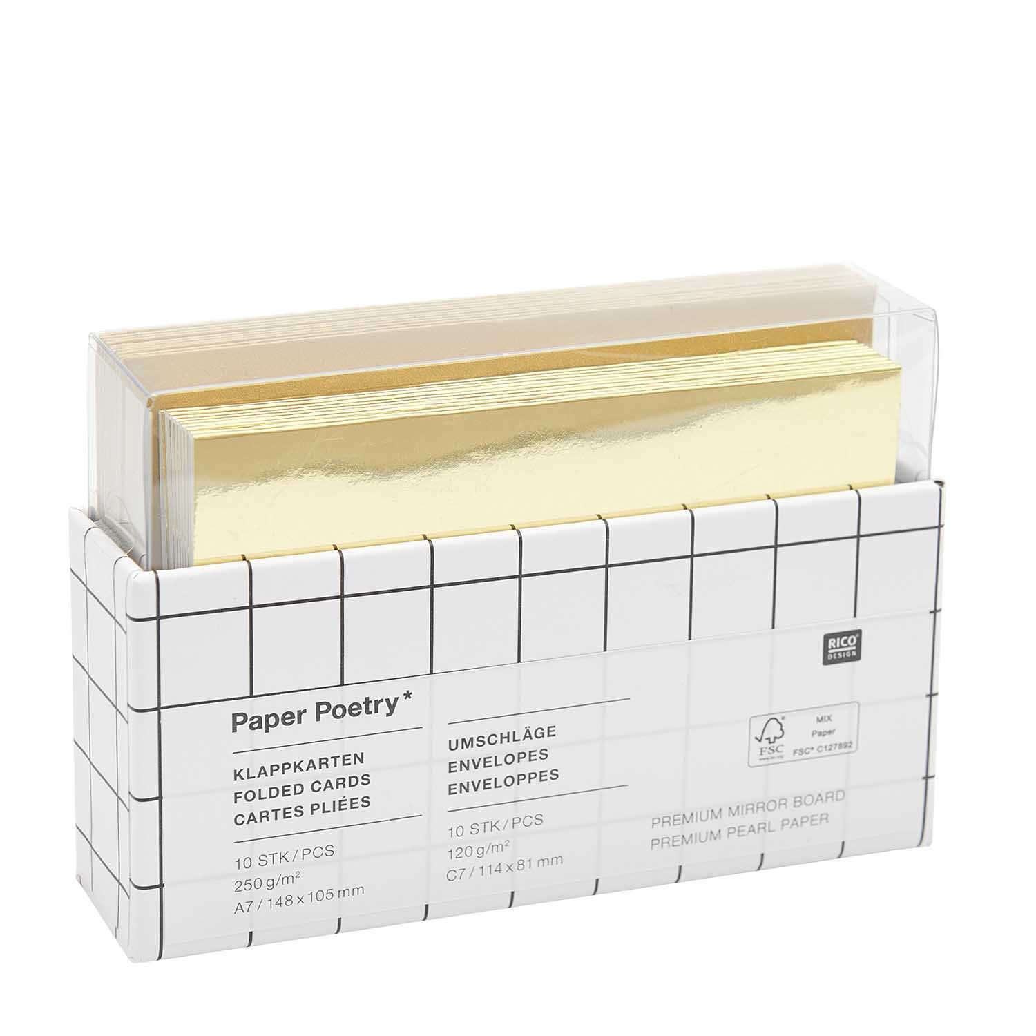 Paper Poetry Kartenset mit goldenen Klappkarten und Umschlägen von Rico Design, 20-teilig.
