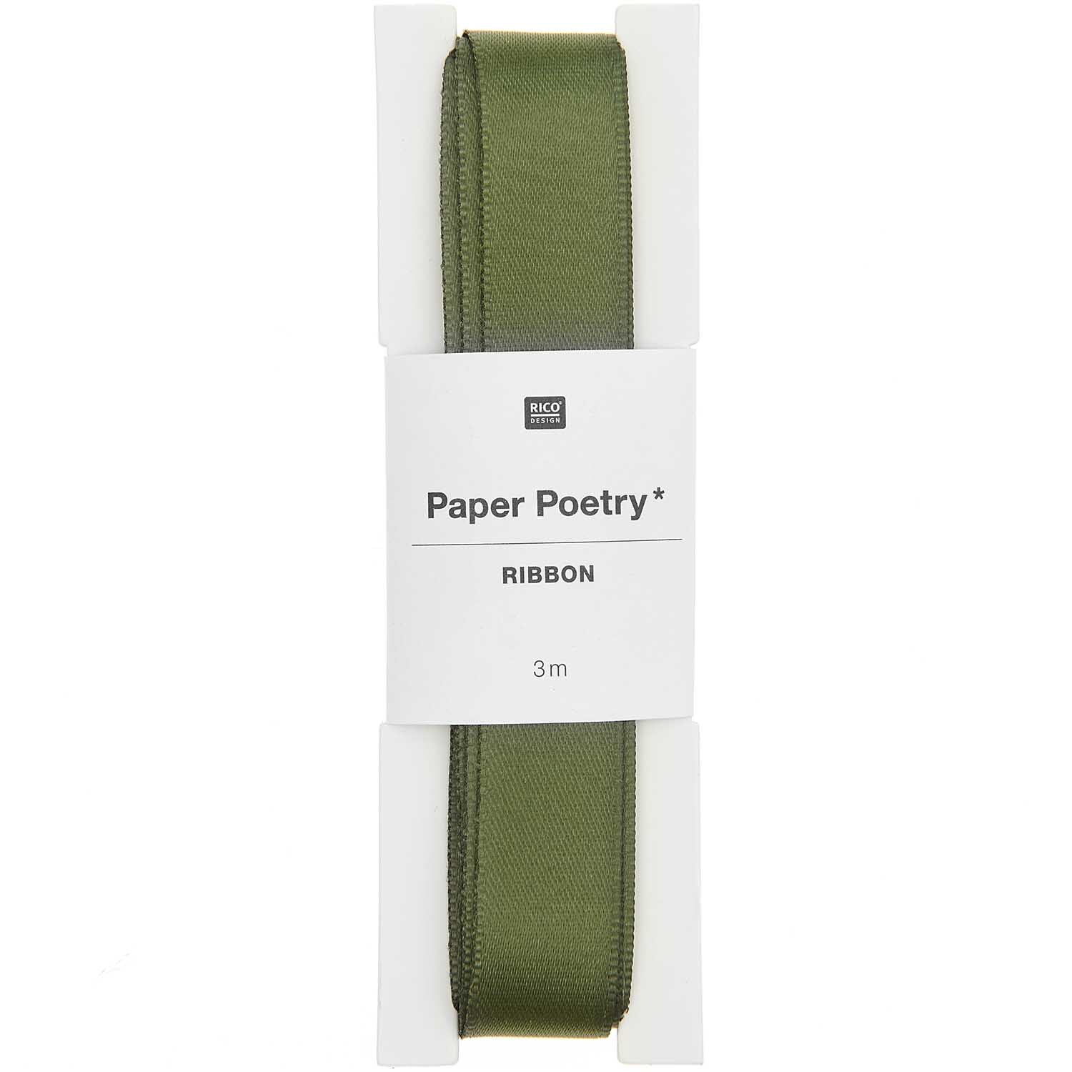 Paper Poetry Satinband in Olivgrün, 16mm breit und 3m lang, ideal für kreative Projekte.