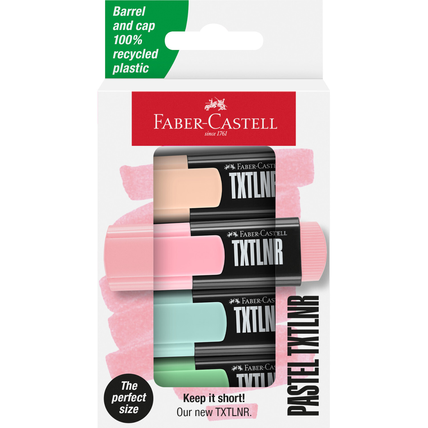 Textmarker TXTLNR Pastell Set, 4-teilig von Faber Castell, in einer Verpackung mit recyceltem Kunststoff.