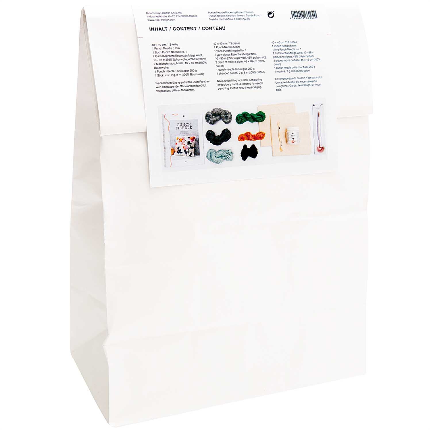Punch Needle Packung Kissen Blumen von Rico Design, zeigt Verpackung mit Inhalt und Anleitung.