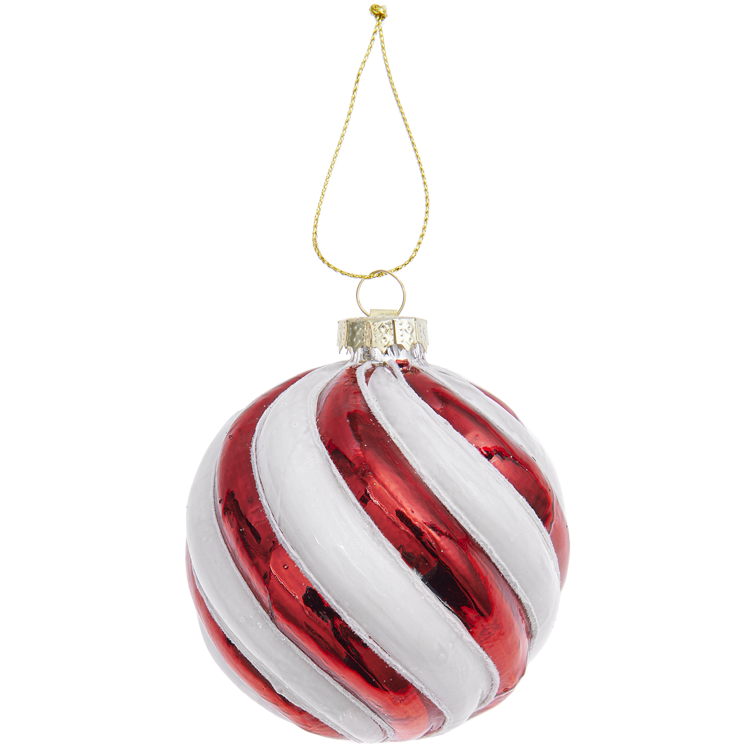 Glaskugel Baumschmuck rot-weiß 8cm von Rico Design mit spiralförmigem Muster und goldener Aufhängung.