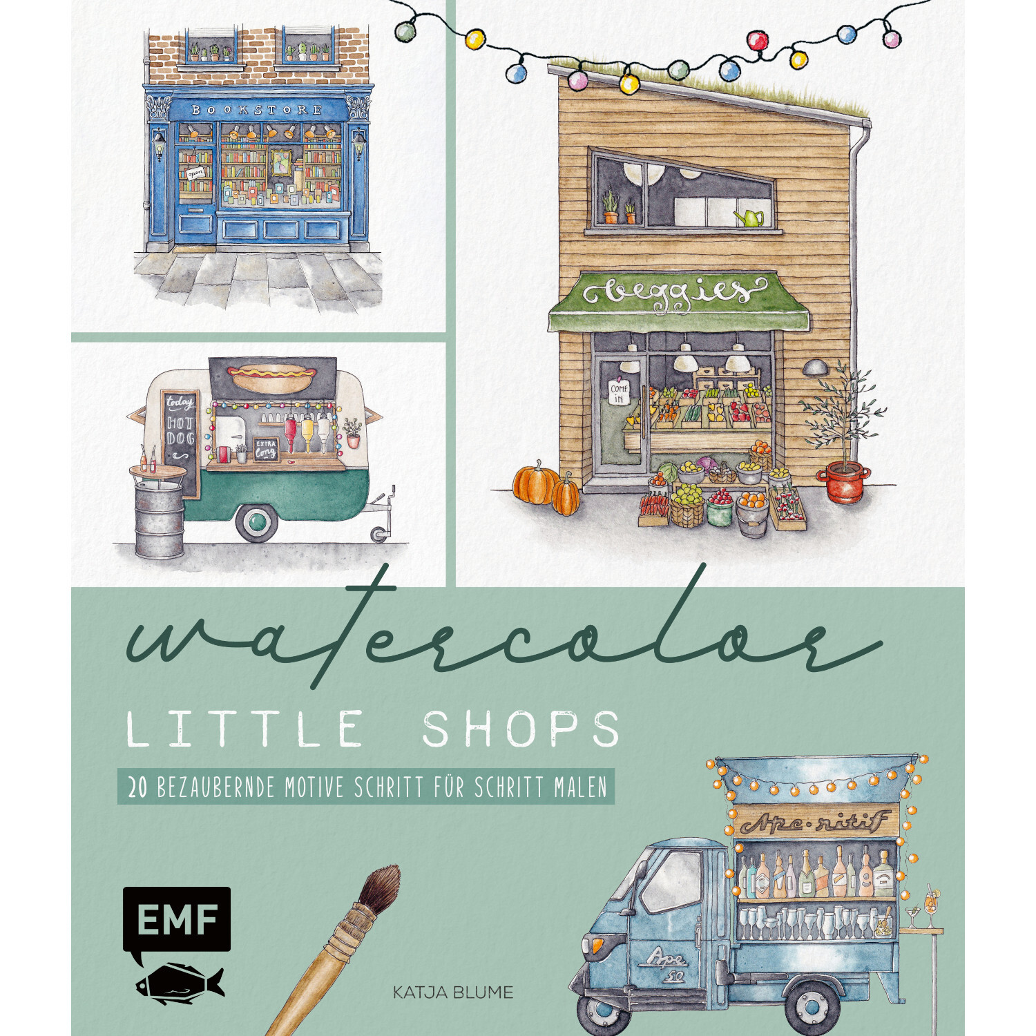 Watercolor - Little Shops zeigt charmante Aquarellillustrationen von kleinen Geschäften.
