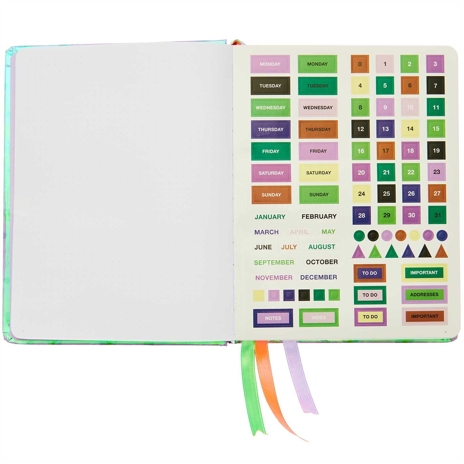 Paper Poetry Bullet Diary Hardcover mit bunten Stickern und farbigen Bändern, ideal für kreative Planung.