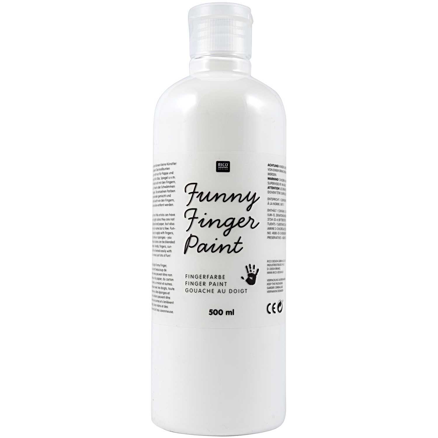 Fingerfarbe 500ml von Rico Design in einer weißen Flasche mit klarer Beschriftung und 500 ml Inhalt.