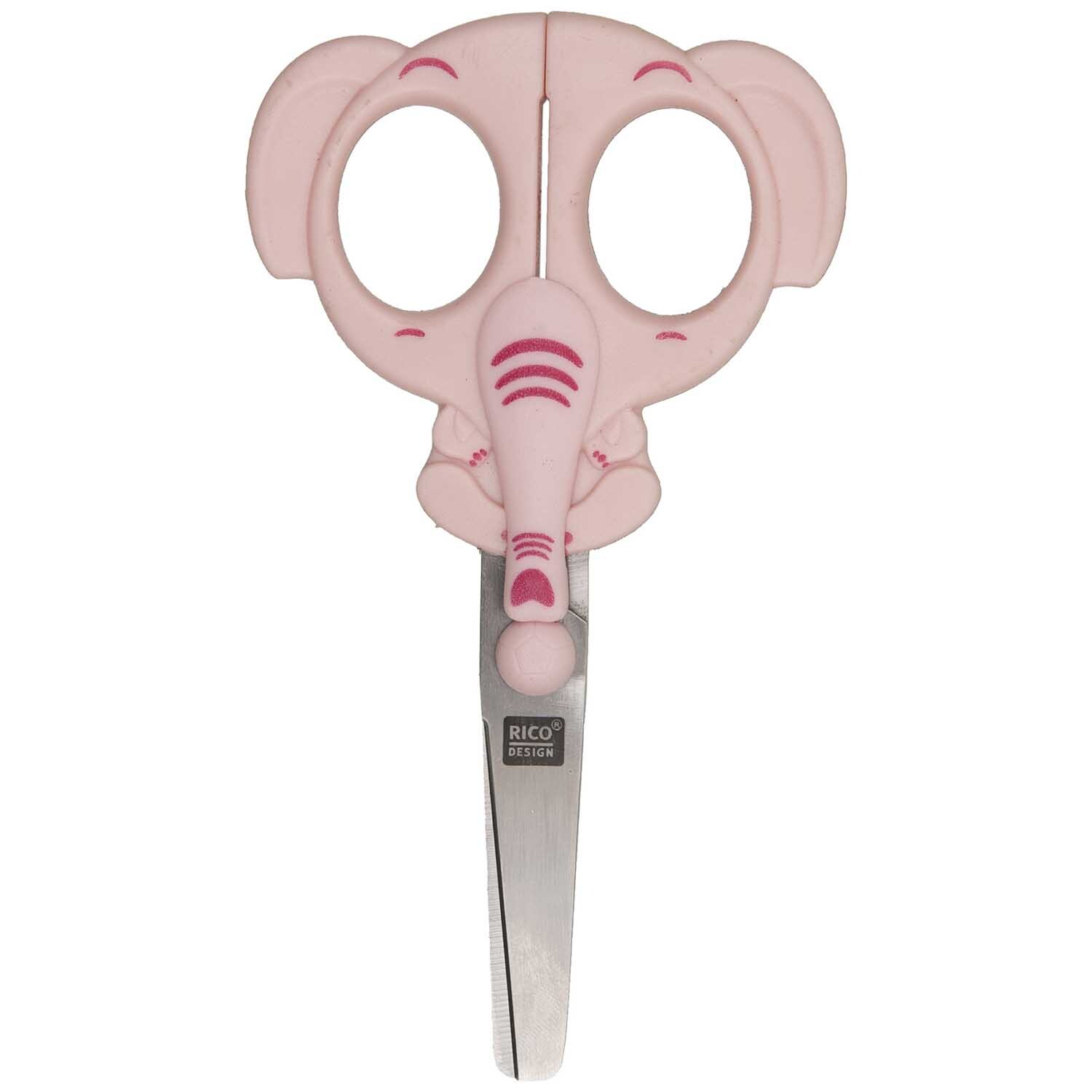 Kinderschere von Rico Design mit rosa Elefantenmotiv, ideal für Kinderhände gestaltet.