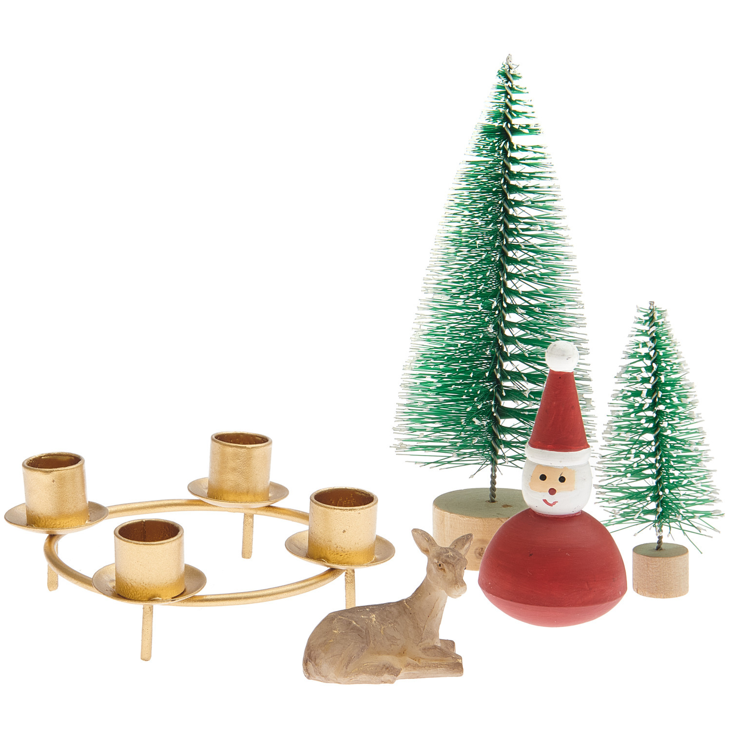 Mini-Adventskerzenhalter „Wald“: 5-teiliges Set mit goldfarbenem Kerzenhalter, Tannenbäumen und Weihnachtsmann. Ideal für festliche Dekorationen.