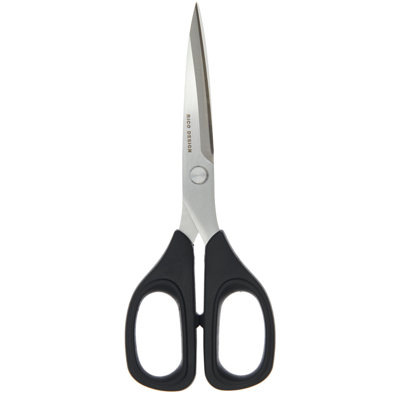 Universalschere Premium, 16,5cm, von Rico Design mit schwarzem Griff und silbernen Klingen, ideal für präzises Schneiden.