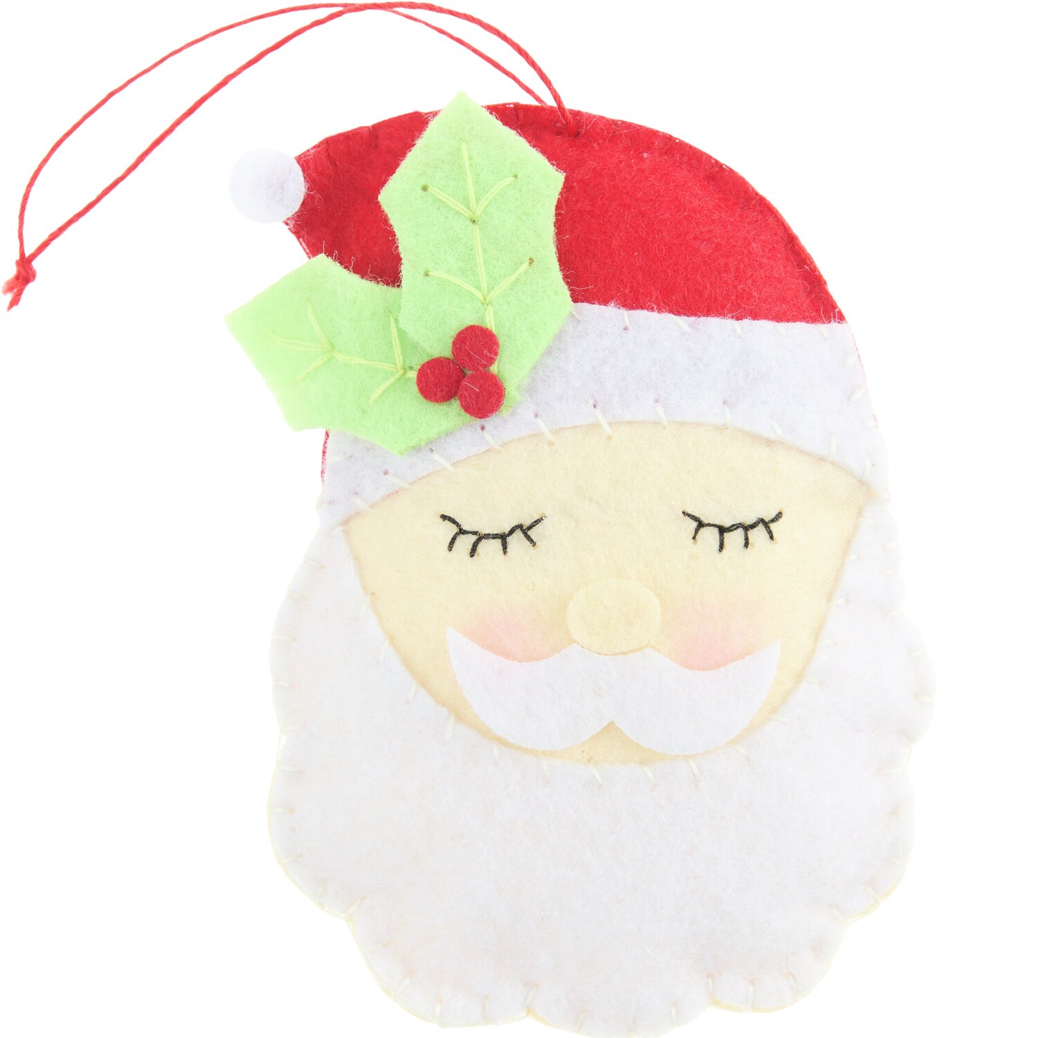 Aufhänger Filz-Santa mit Ilex Rot/Weiß: Niedlicher Weihnachtsmann aus Filz mit roter Mütze und grünem Ilex.