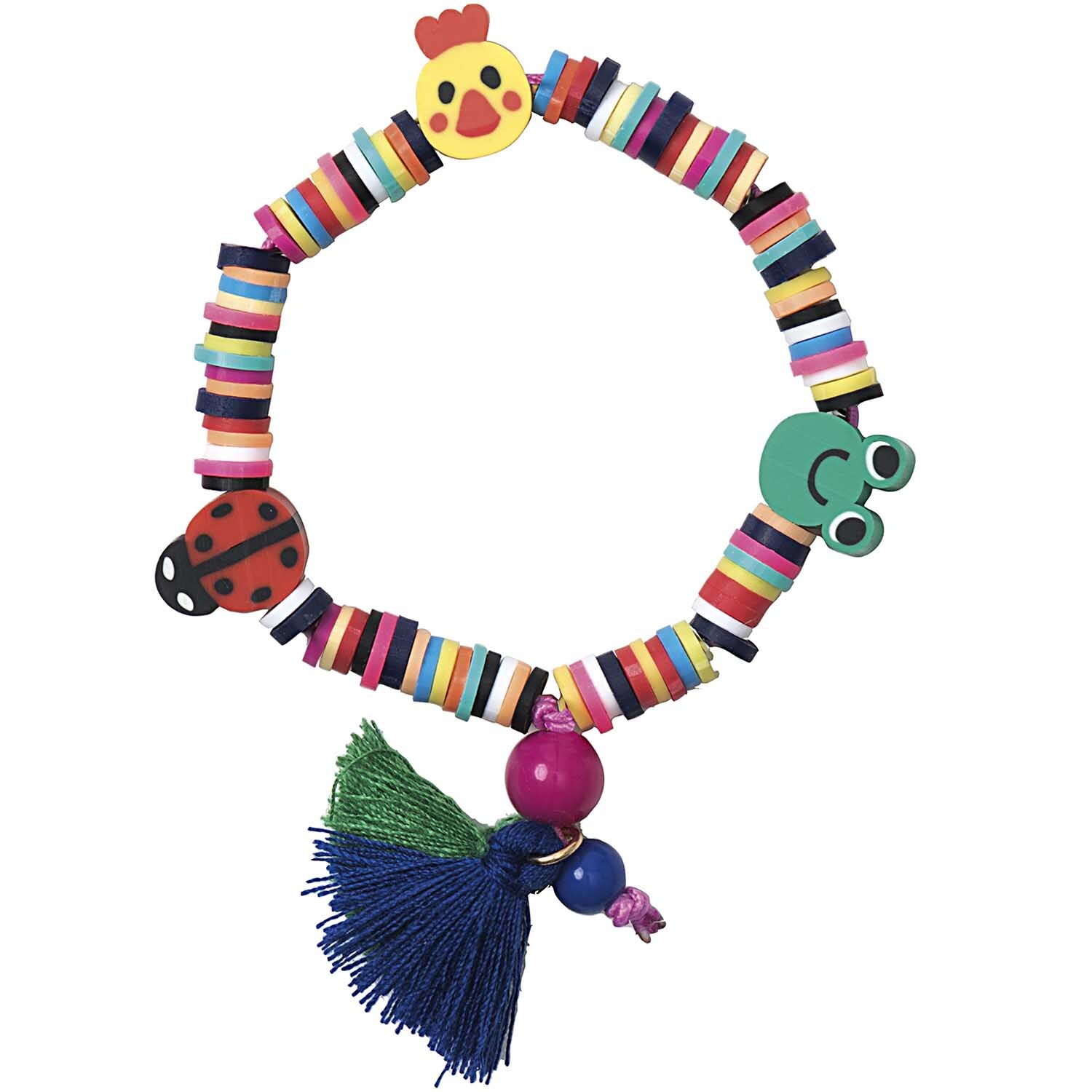 Mini Perlen Armband Set multicolor von Rico Design mit bunten Perlen und Tiermotiven auf schwarzem Hintergrund.