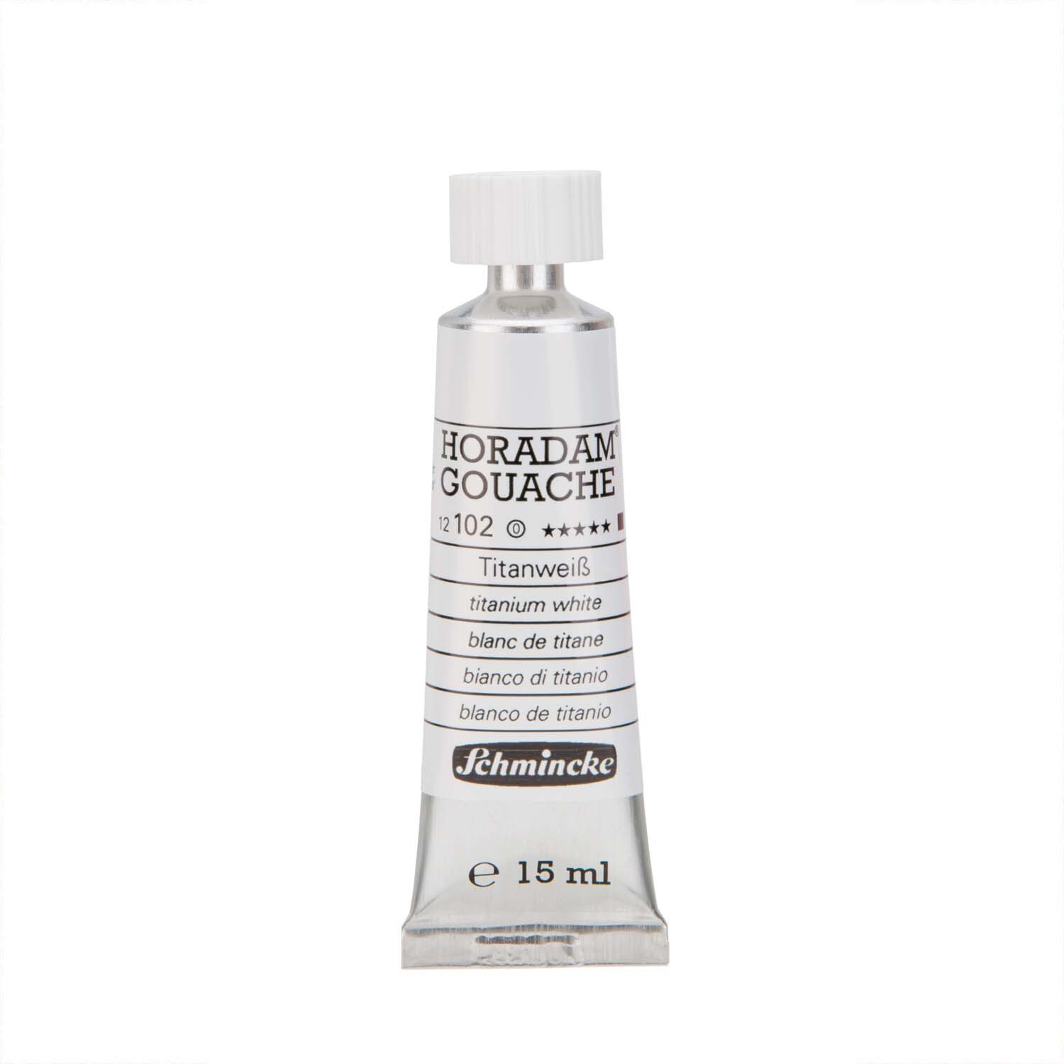 HORADAM Gouache 15ml von Schmincke in Titanweiß. Die Tube zeigt die Produktdetails und das Logo.