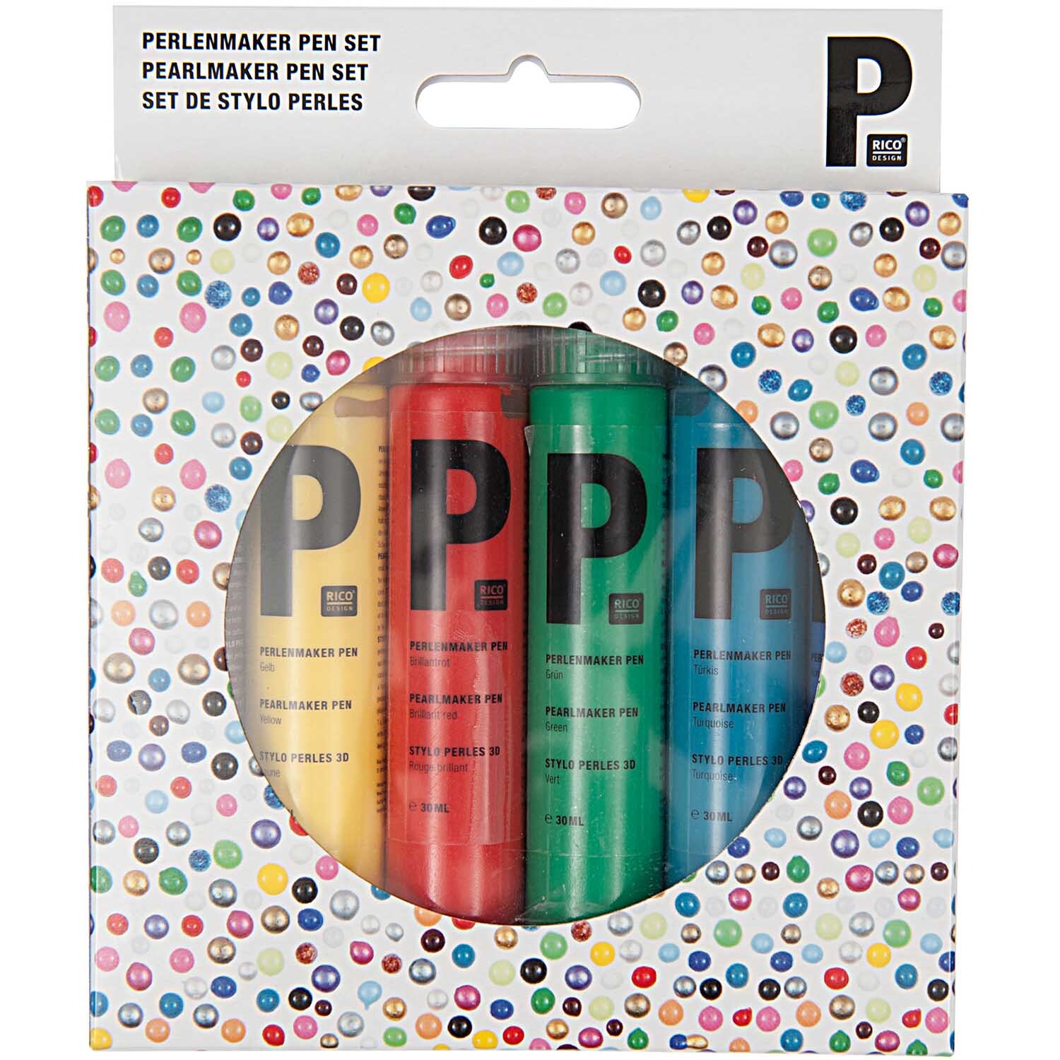 Perlenmaker Pen Set classic 6x30ml, Basic Bunt, von Rico Design. Enthält bunte Stifte in einer dekorativen Verpackung mit Perlenmuster.