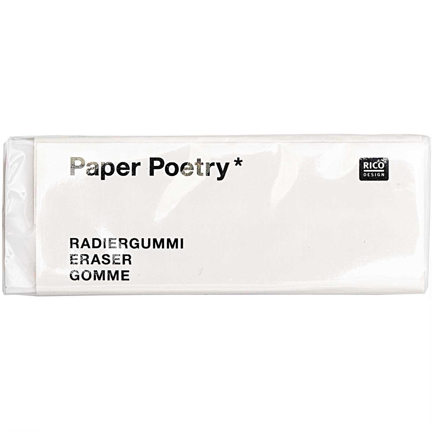 Paper Poetry Radiergummi von Rico Design in Weiß, rechteckig, mit mehrsprachigem Aufdruck.
