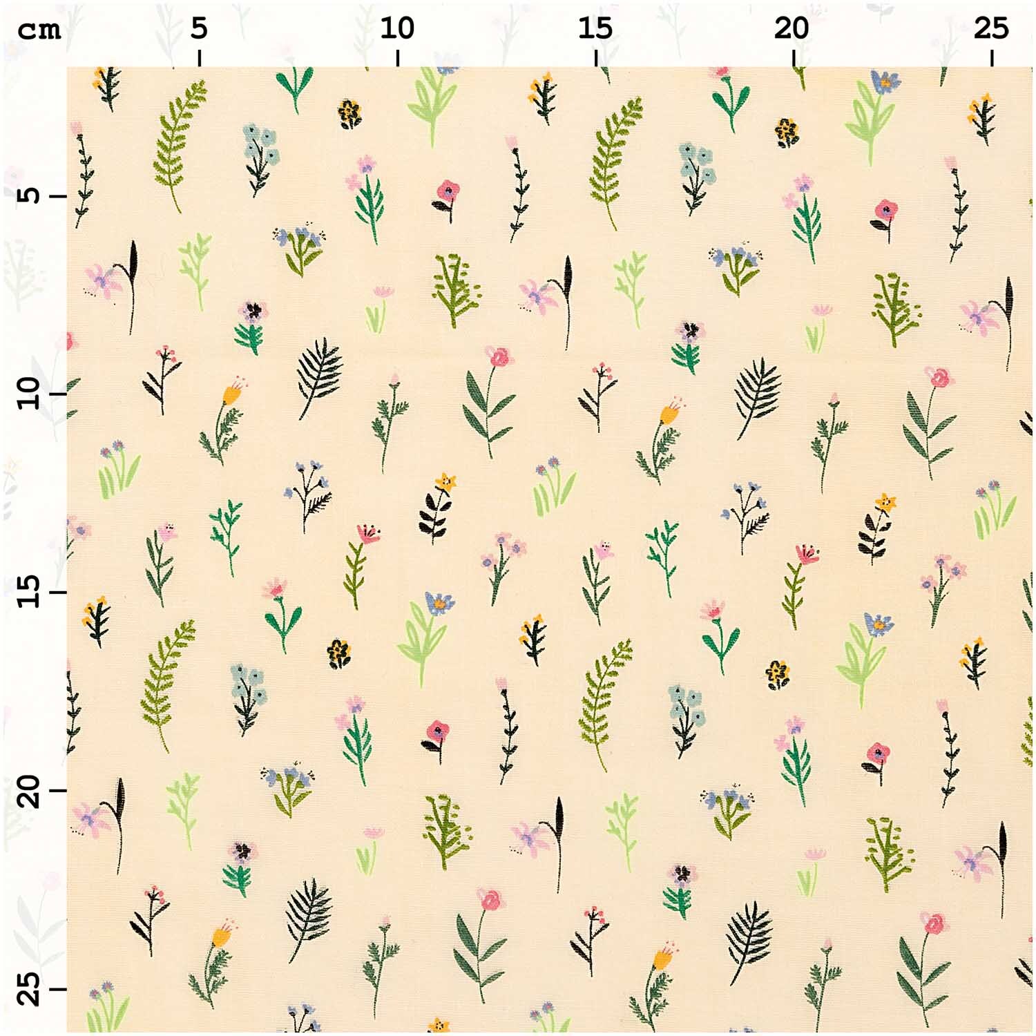 Musselin-Druckstoff Bunny Hop Streublumen zeigt bunte Blumenmuster auf gelbem Hintergrund, ideal für kreative Nähprojekte.