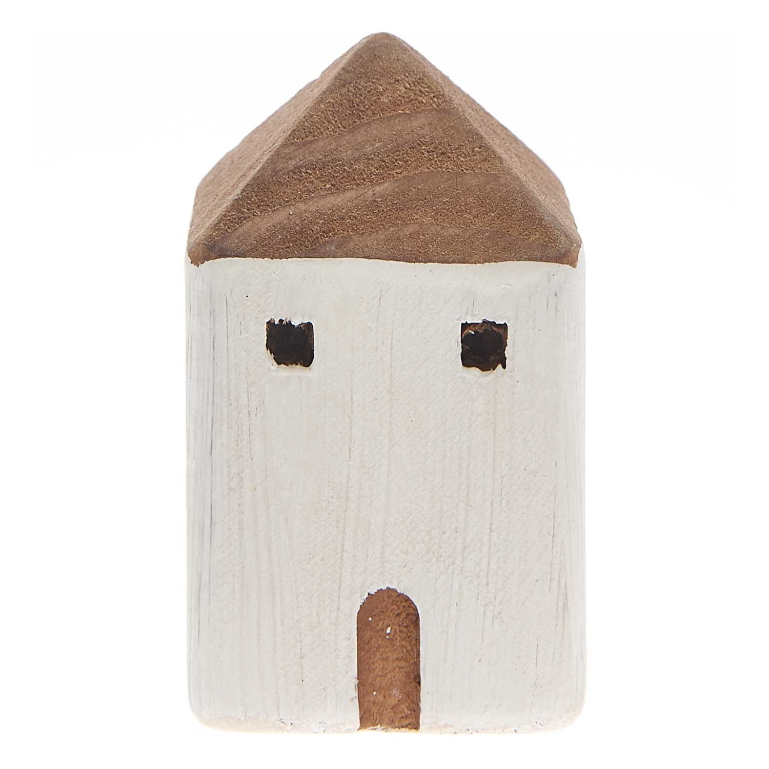 Haus 2 Maritim Holz 5x5x8,5cm von Rico Design. Weißes Holzhaus mit braunem Dach, minimalistischem Design.