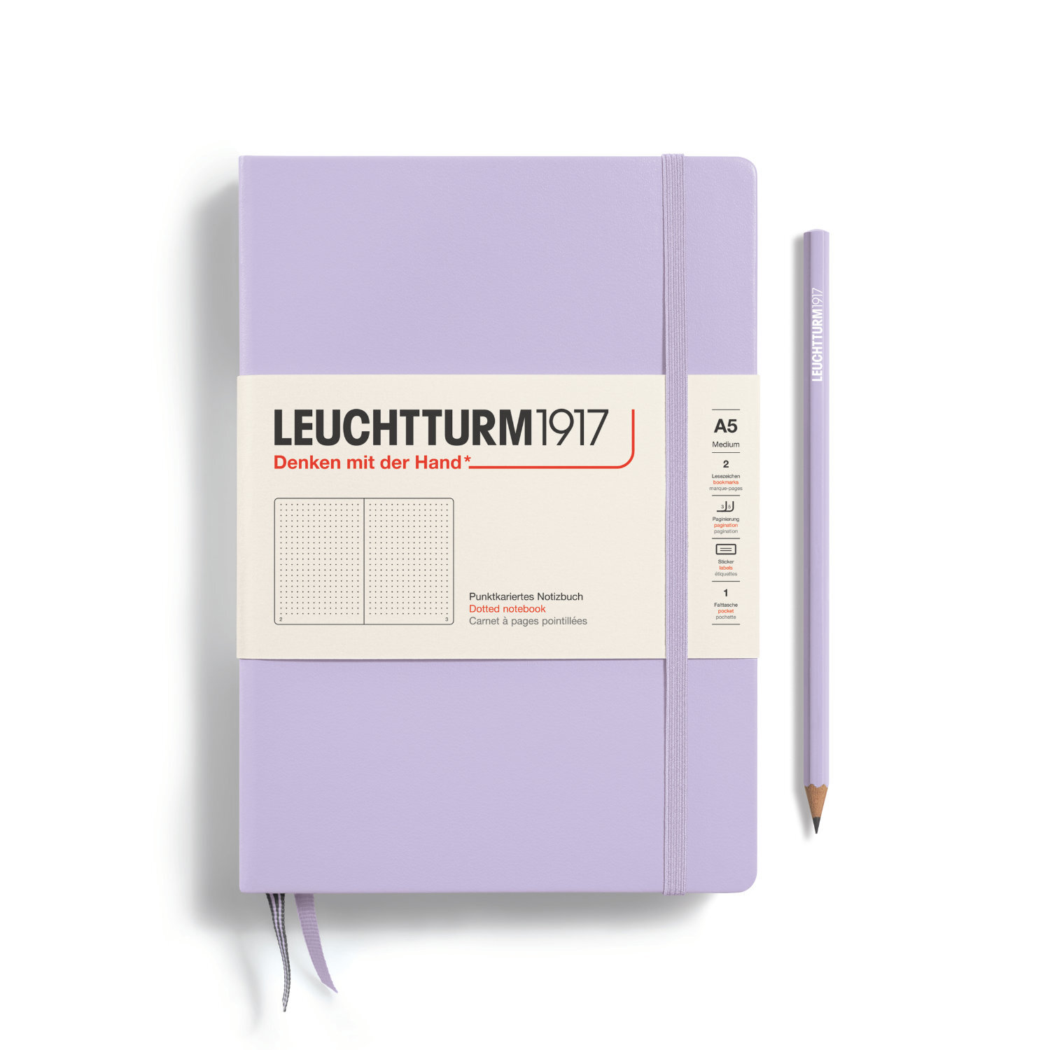 Notizbuch Medium dotted Hardcover A5 in zartem Lila mit passendem Stift, Marke LEUCHTTURM1917. Ideal für Notizen und Skizzen.