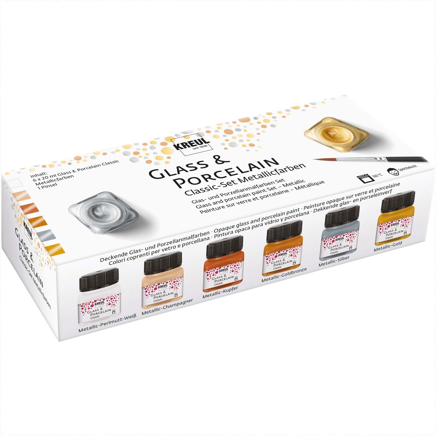 Glas- und Porzellanfarben Set Metallicfarben 6x20ml zeigt sechs Fläschchen in einer Verpackung von KREUL. Ideal für kreative Projekte.