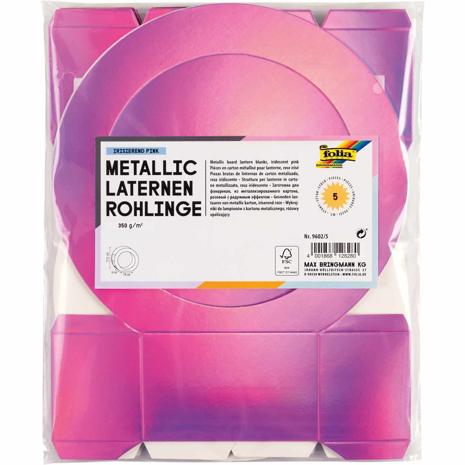 Laternenrohlinge Metallic-Karton 19cm 5 Stück in Pink von folia, verpackt in einer transparenten Hülle, ideal für kreative Bastelprojekte.