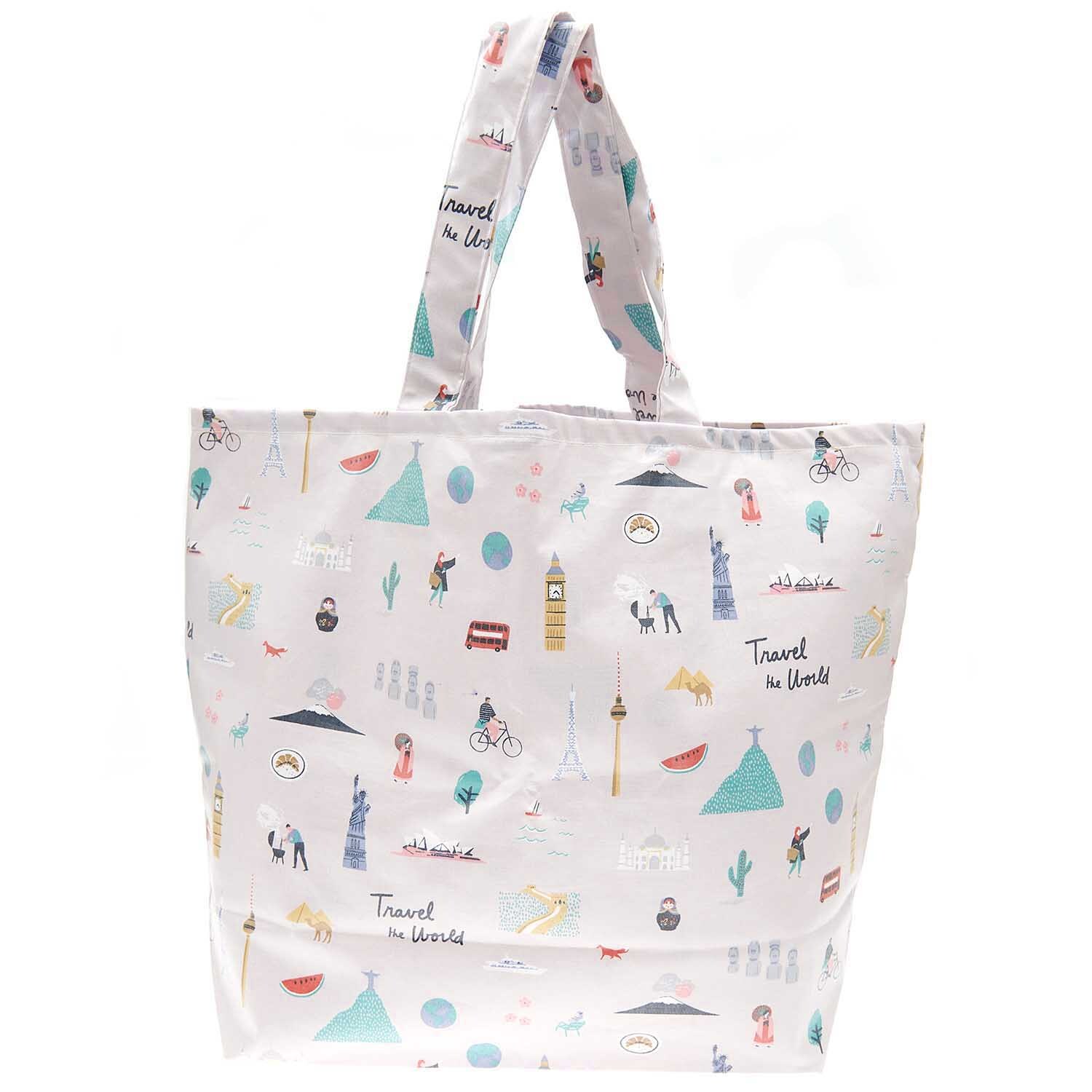 Shopper Travel the World mit bunten Reise-Motiven auf fliederfarbenem Hintergrund, 41x55x19cm.