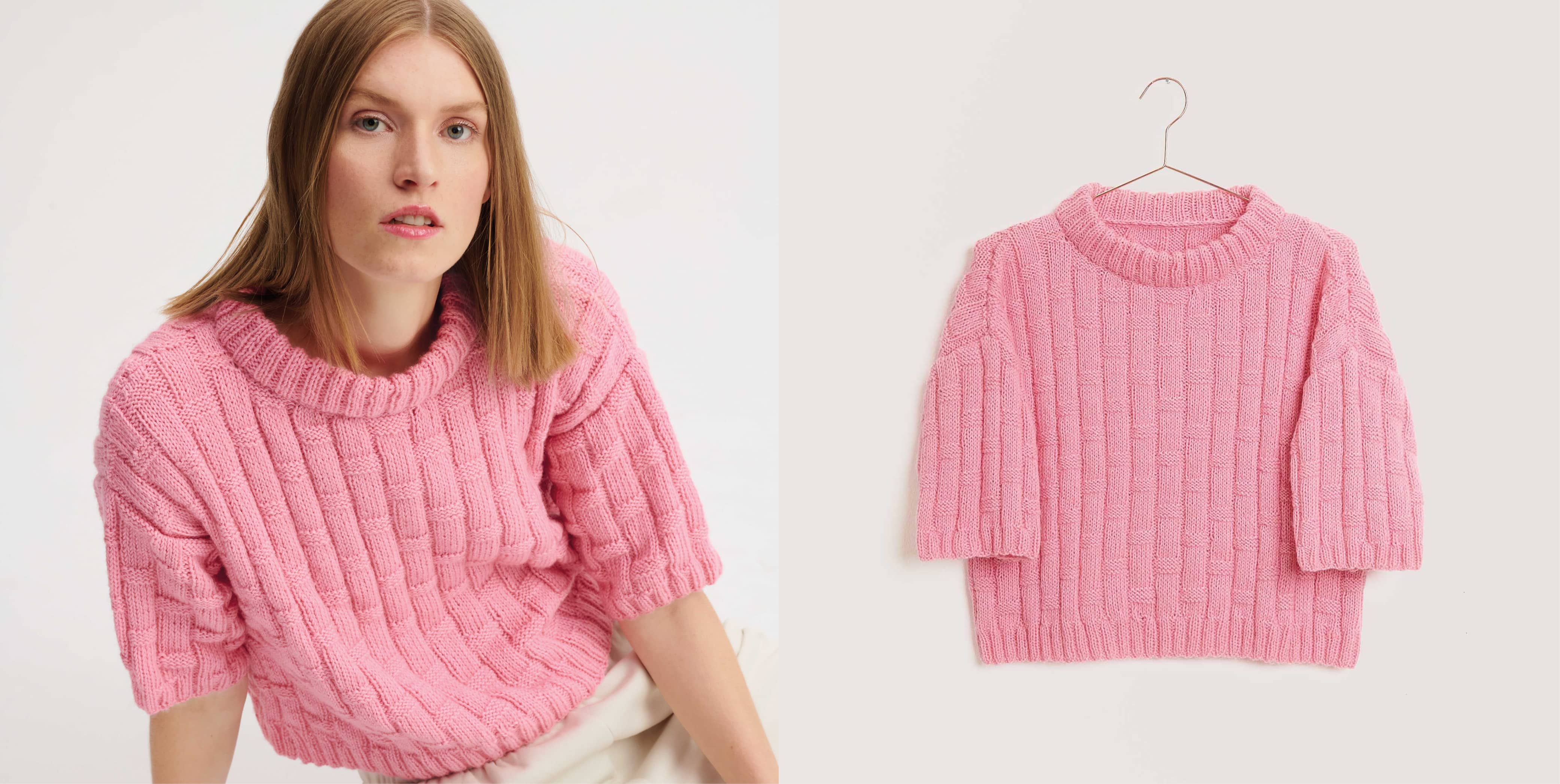 Gestricktes Shirt in Pink Modell 12 aus Made by Me No. 18 getragen am Model und auf einem Kleiderbügel