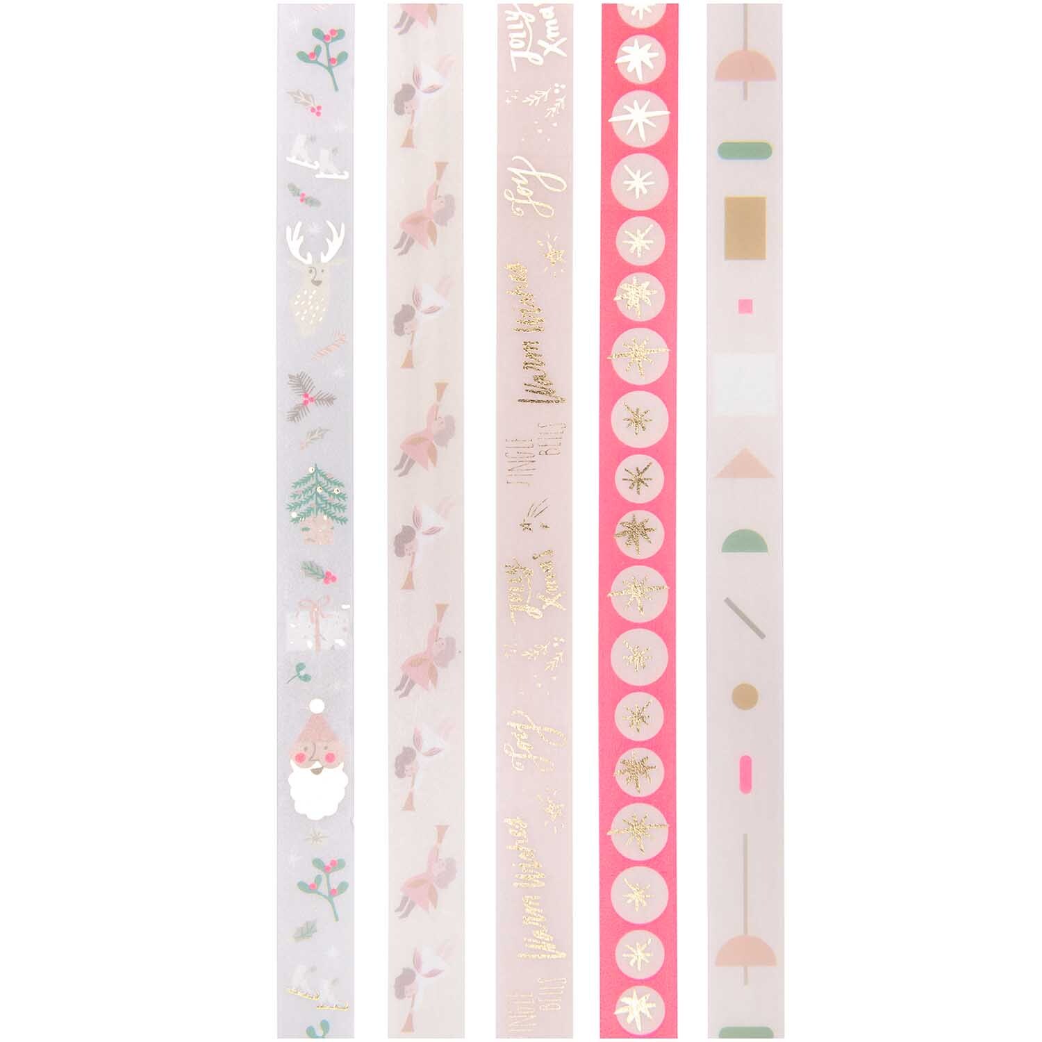 Paper Poetry Tape Set Jolly Christmas Pastell, 5-teilig, zeigt festliche Muster in zarten Farben. Ideal für kreative Weihnachtsdekorationen.