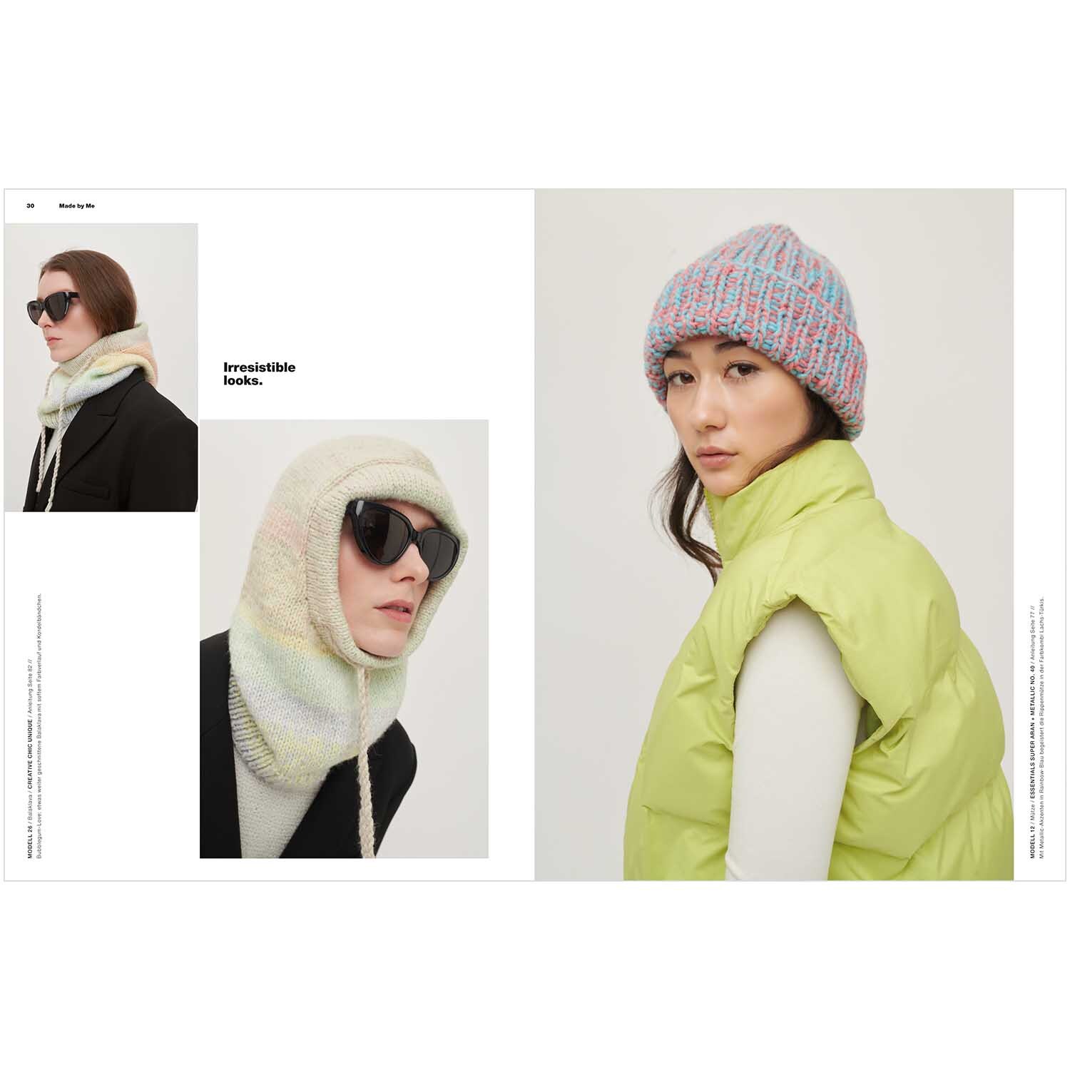 Made by Me Handknitting Nr.15 Herbst-Winter: Zwei Frauen in gestrickten Mützen und Schals von Rico Design, eine trägt eine grüne Weste.