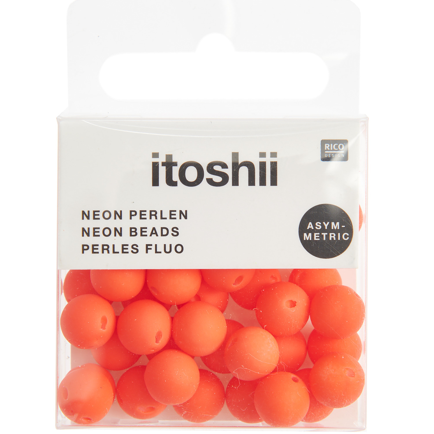 Itoshii Kunststoffperlen in leuchtendem Orange, asymmetrisch mit Lochung, 40 Stück, von Rico Design. Verpackung zeigt Perlen in Nahaufnahme.