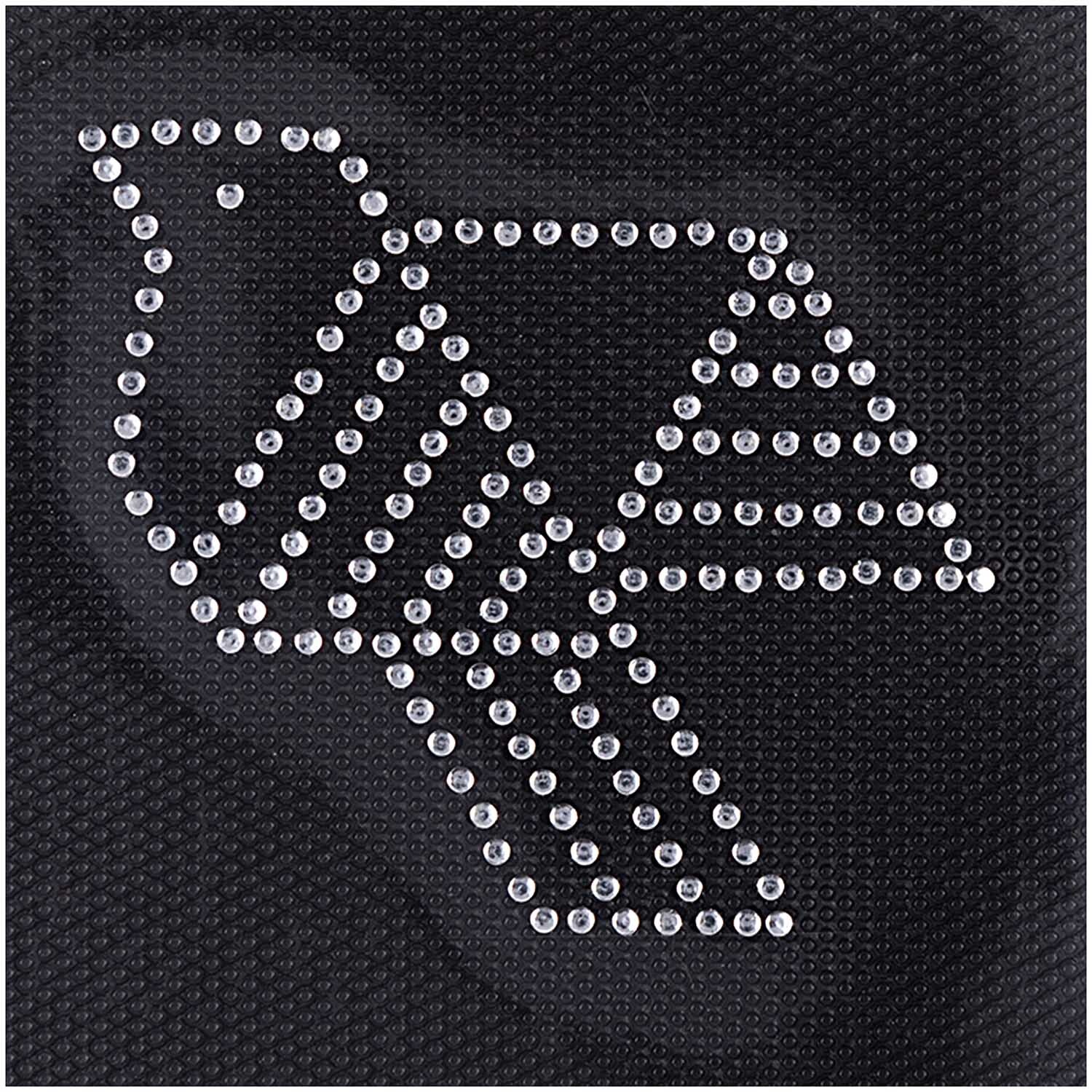 Bügelmotiv Vogel 62x56mm Strass von Rico Design: Ein Vogel aus weißen Strasssteinen auf schwarzem Hintergrund.
