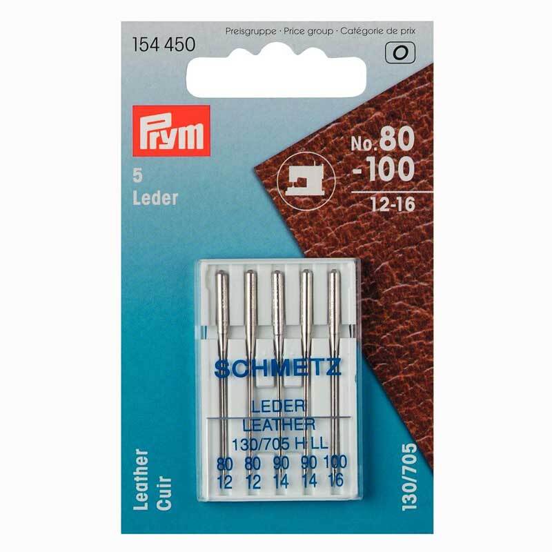 Nähmaschinennadeln 130/705 für Leder, 5 Stück, Marke Prym, in silberner Verpackung.
