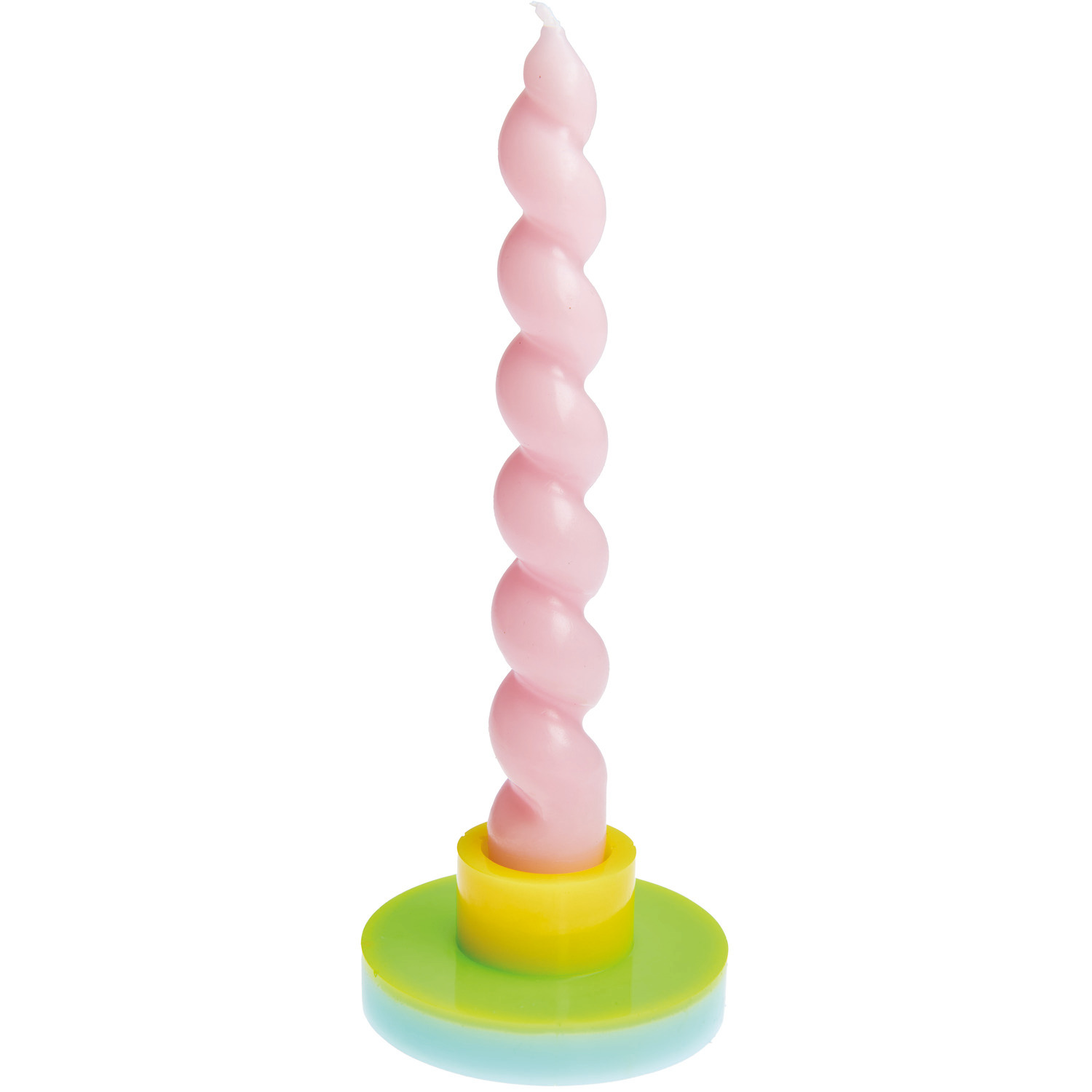 Epoxidharz transparent: Eine rosa, spiralförmige Kerze auf einem gelben und grünen Sockel. Perfekt für kreative Resin-Projekte.