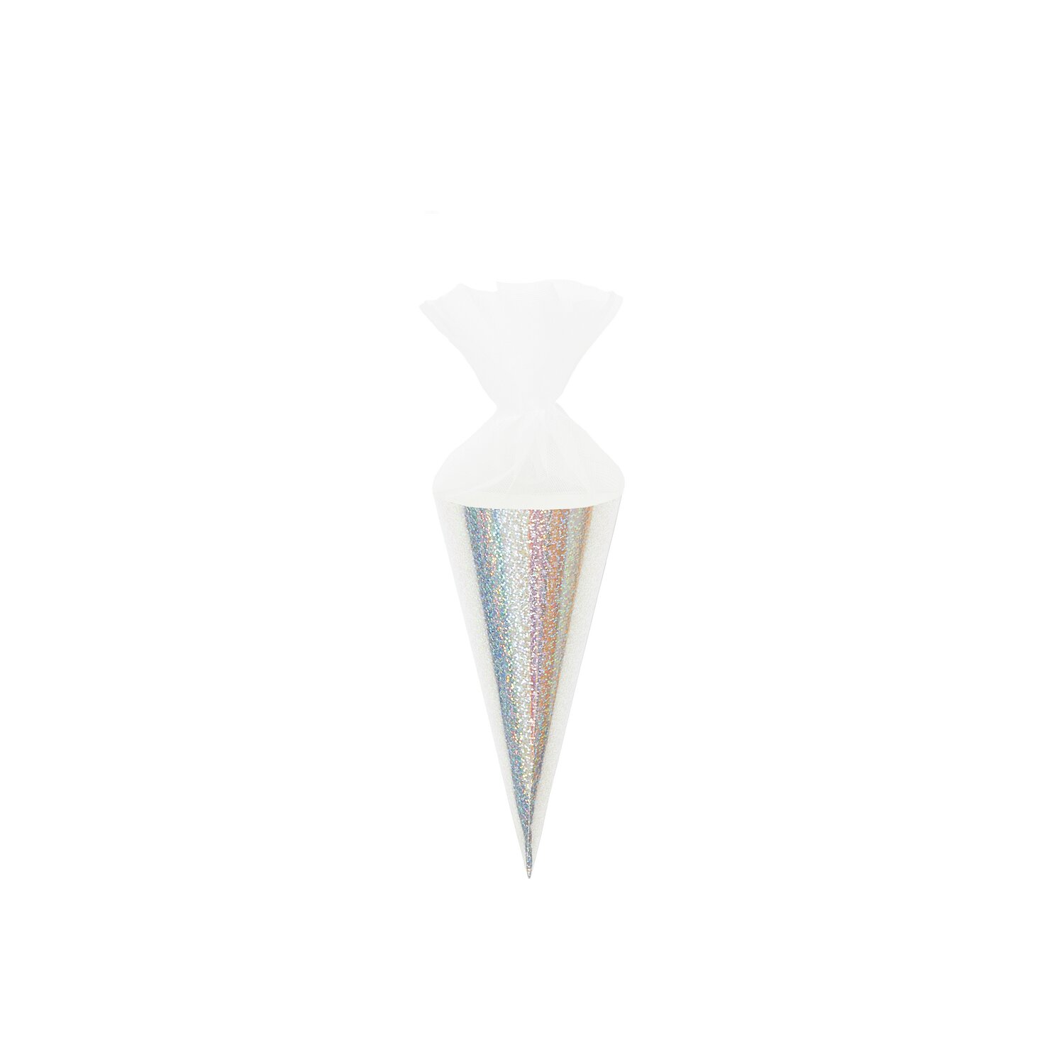 Schultüte Rohling mit Tüllverschluss Irisierend, 20cm, von Rico Design. Weißer Glittereffekt für festliche Anlässe.