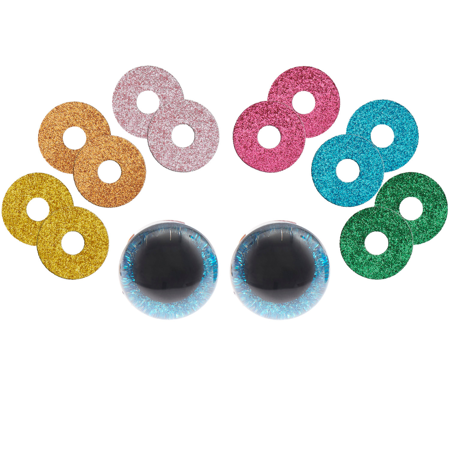 Sicherheitsaugen-Set für Kuscheltiere mit glitzernden Scheiben in sechs Farben von Rico Design. Ideal für kreative Bastelprojekte.
