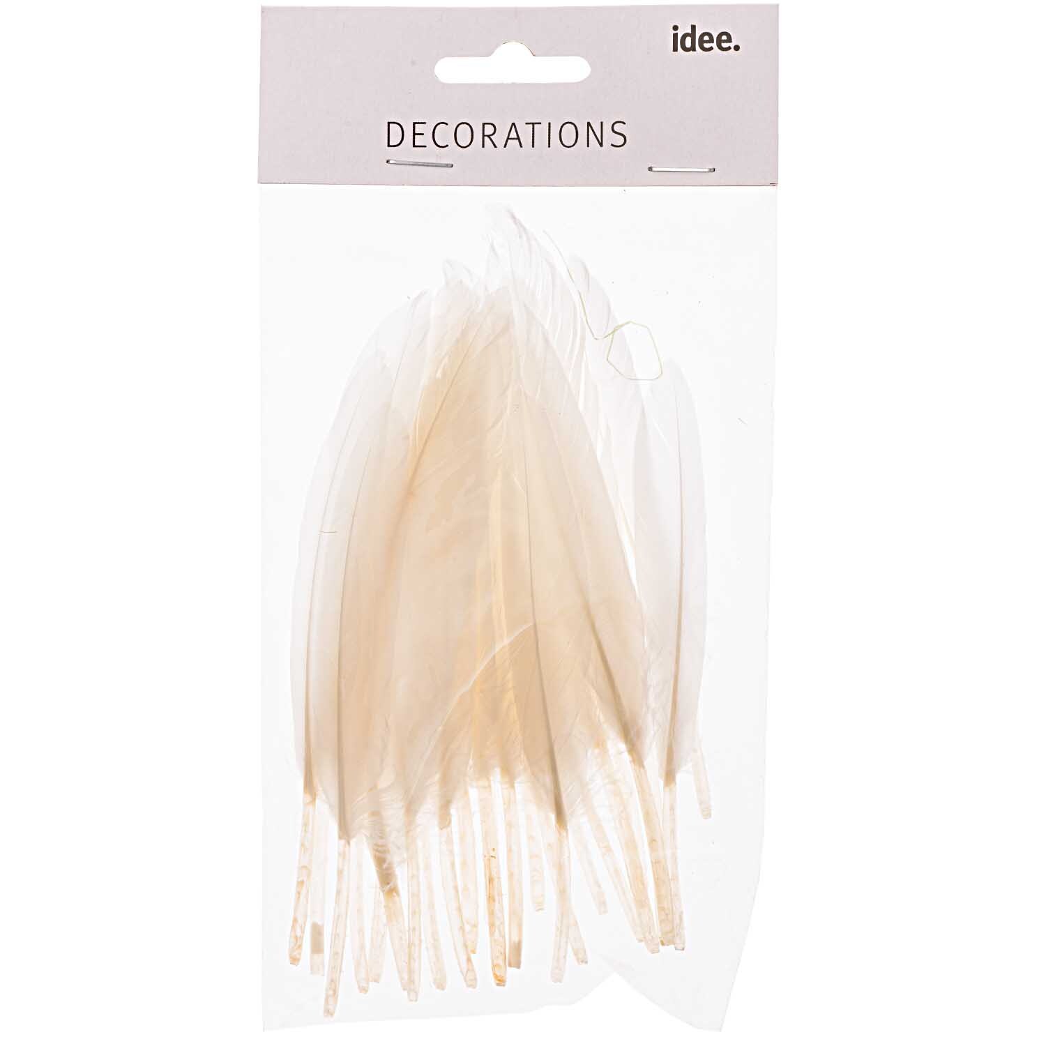 Federn 24 Stück: Weiße Dekorationsfedern von idee. Creativmarkt in einer transparenten Verpackung.