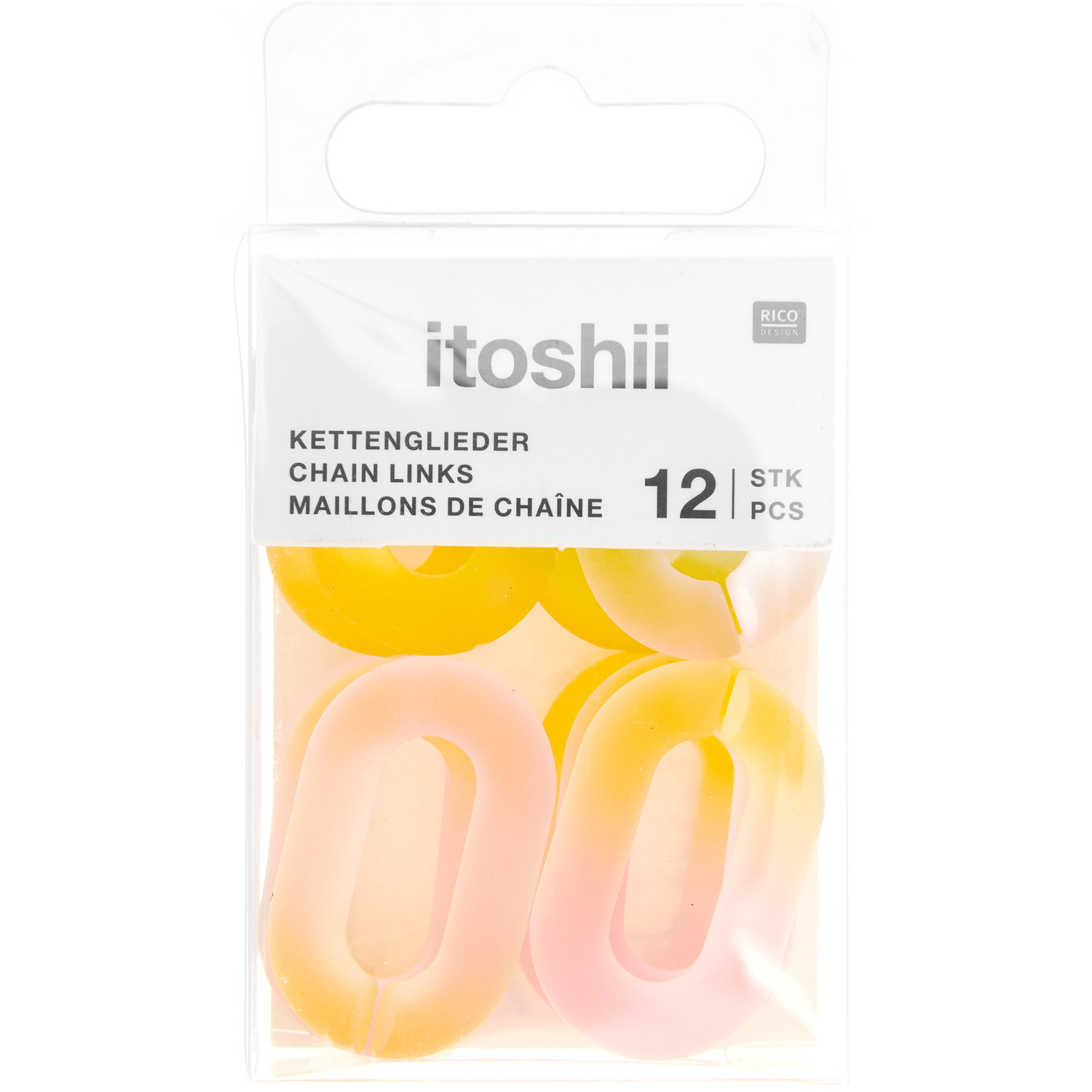 itoshii Kettenglieder in Rosa und Orange, 12 Stück, 1,9x3,1x0,5cm, von Rico Design in transparenter Verpackung.
