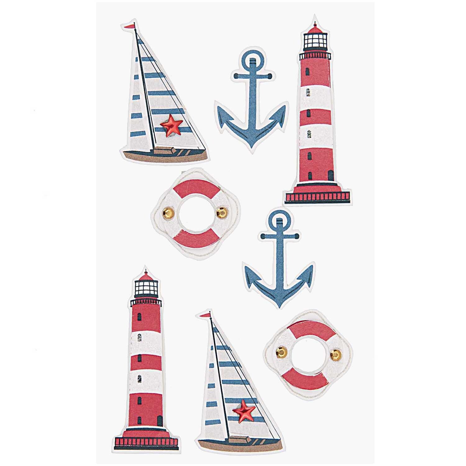Paper Poetry 3D Sticker Ostsee-Nordsee mit Segelbooten, Leuchttürmen, Ankern und Rettungsringen von Rico Design. Perfekt für maritime Bastelprojekte.