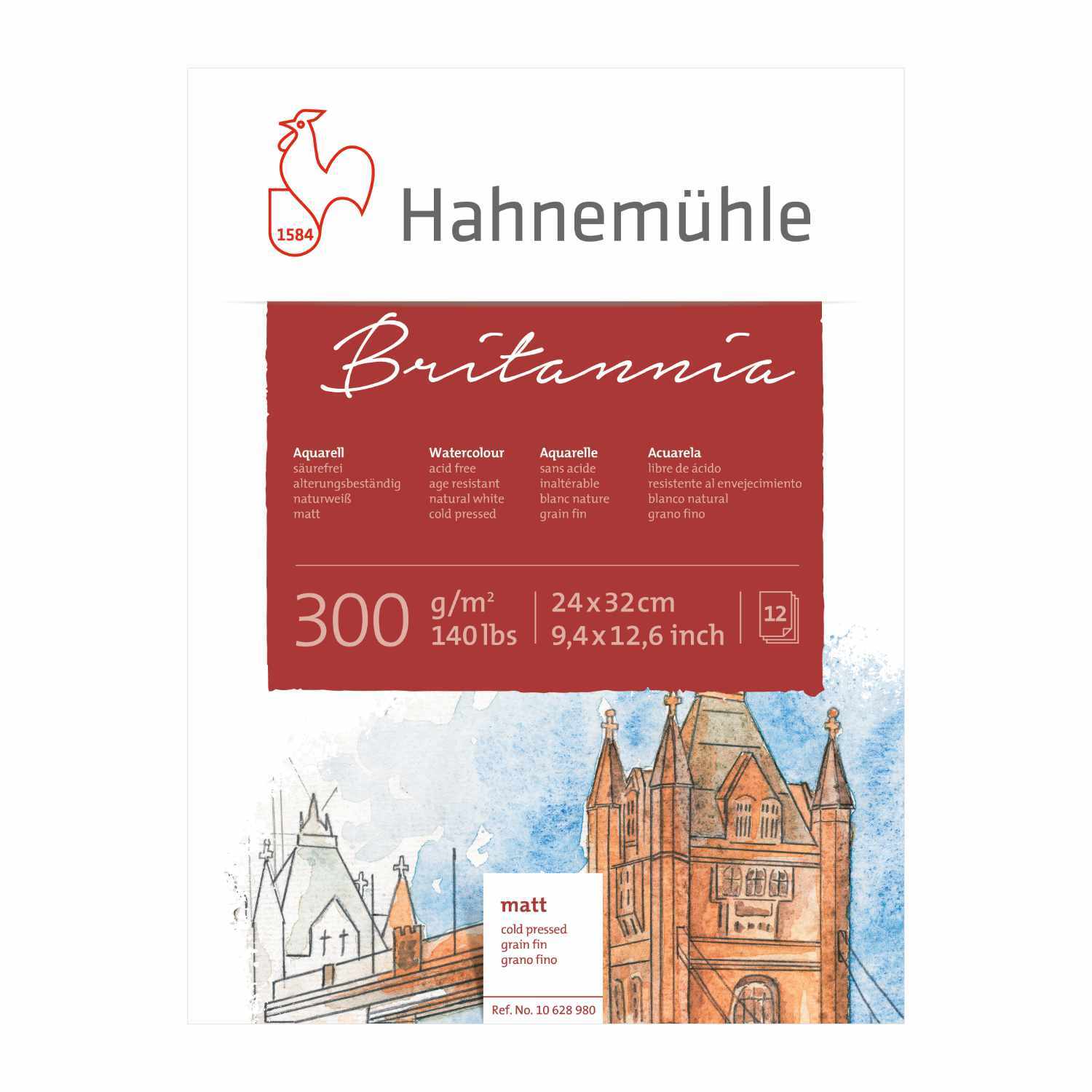 Aquarellblock Britannia matt 300g/m², 12 Blatt von Hahnemühle mit Zeichnung einer Brücke.
