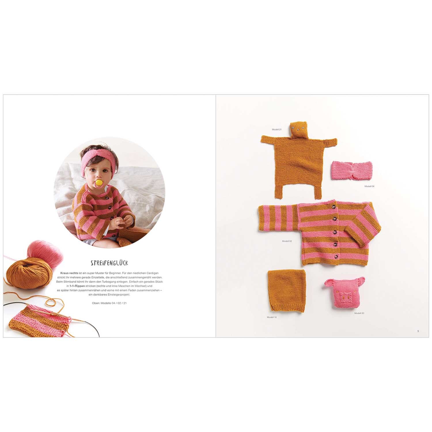 Rico Baby Heft Nr.31 zeigt gestrickte Babykleidung in Rosa und Braun von Rico Design, inklusive Pullover und Mütze.
