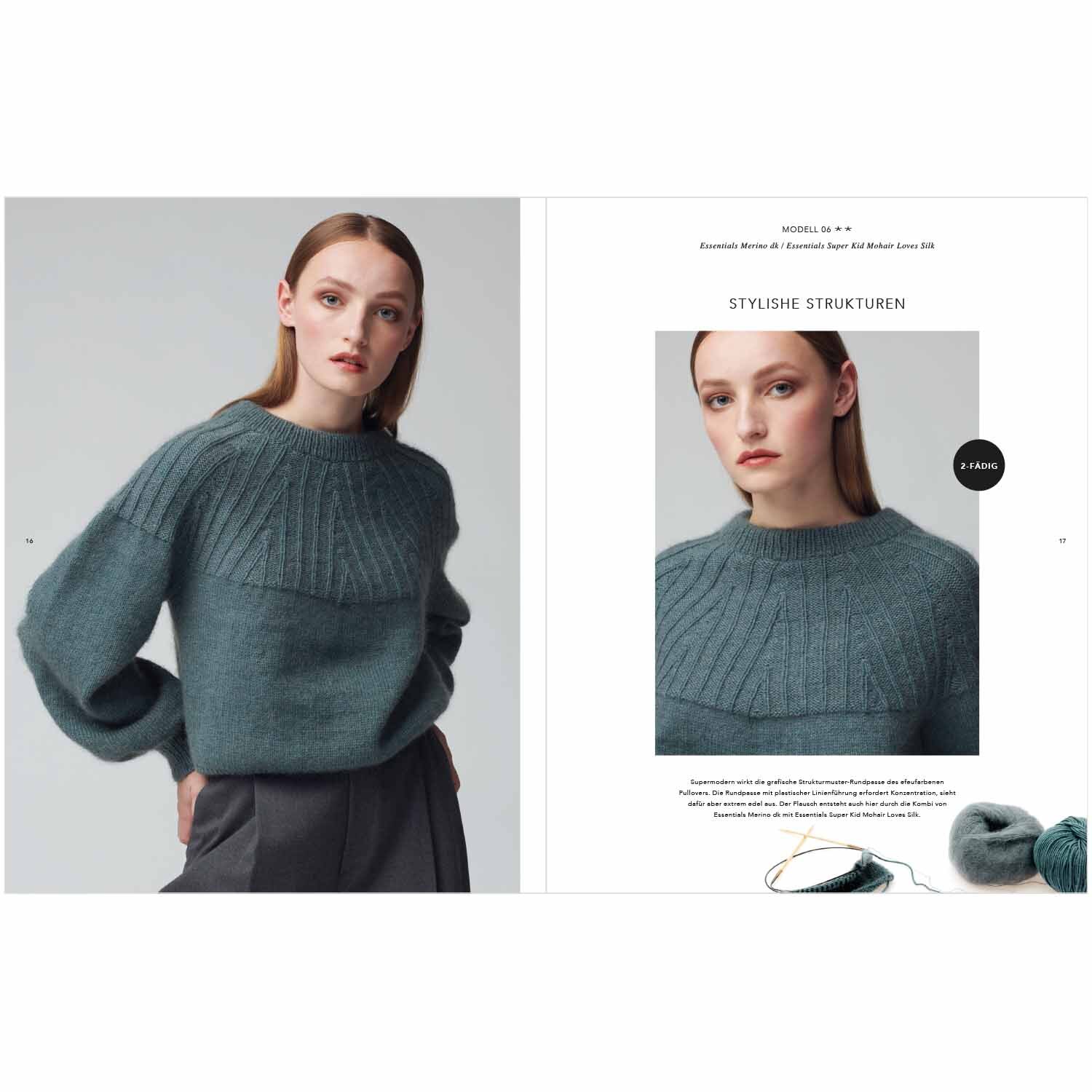 Top Down Knitting Special: Frau trägt stilvollen, dunkelgrünen Pullover von Rico Design mit Zopfmuster.