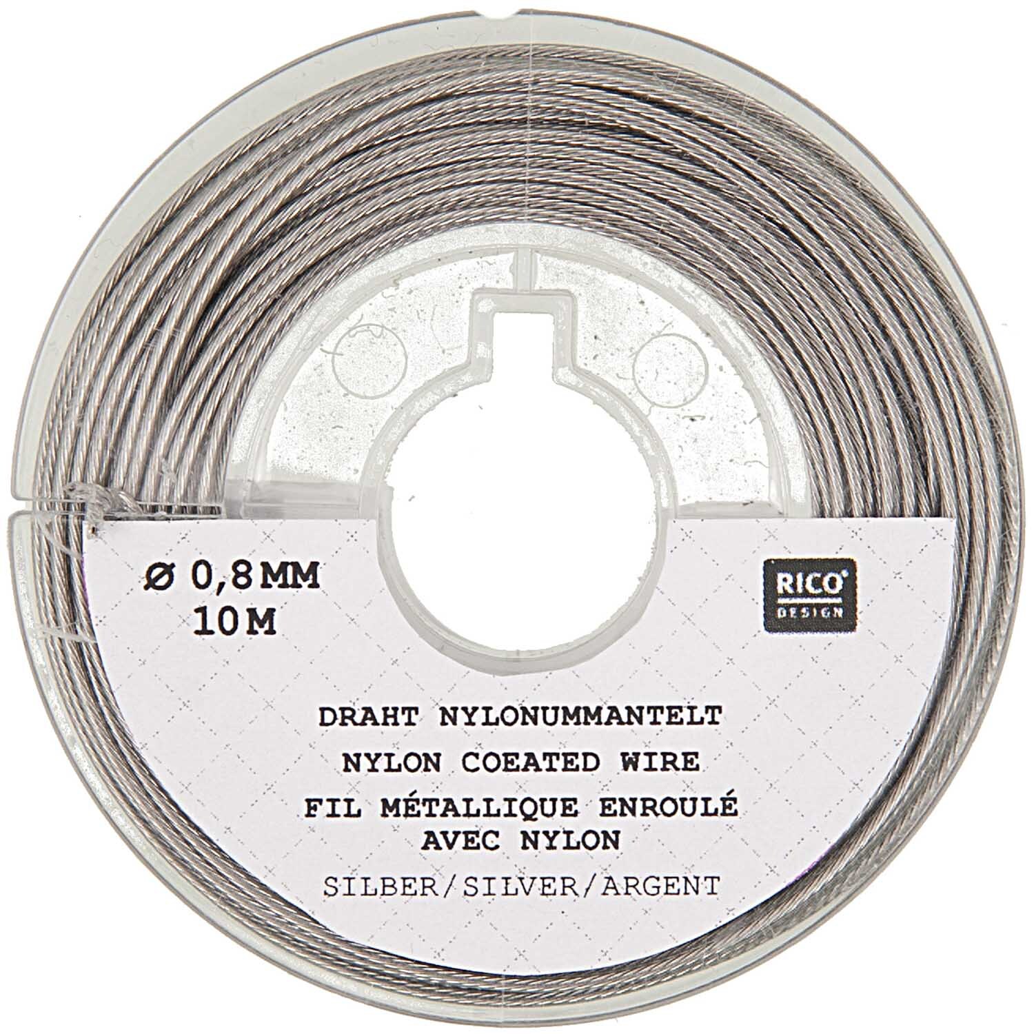 Edelstahlseide silber 0,80mm 10m von Rico Design, aufgerollt auf einer Spule, ideal für kreative Projekte.