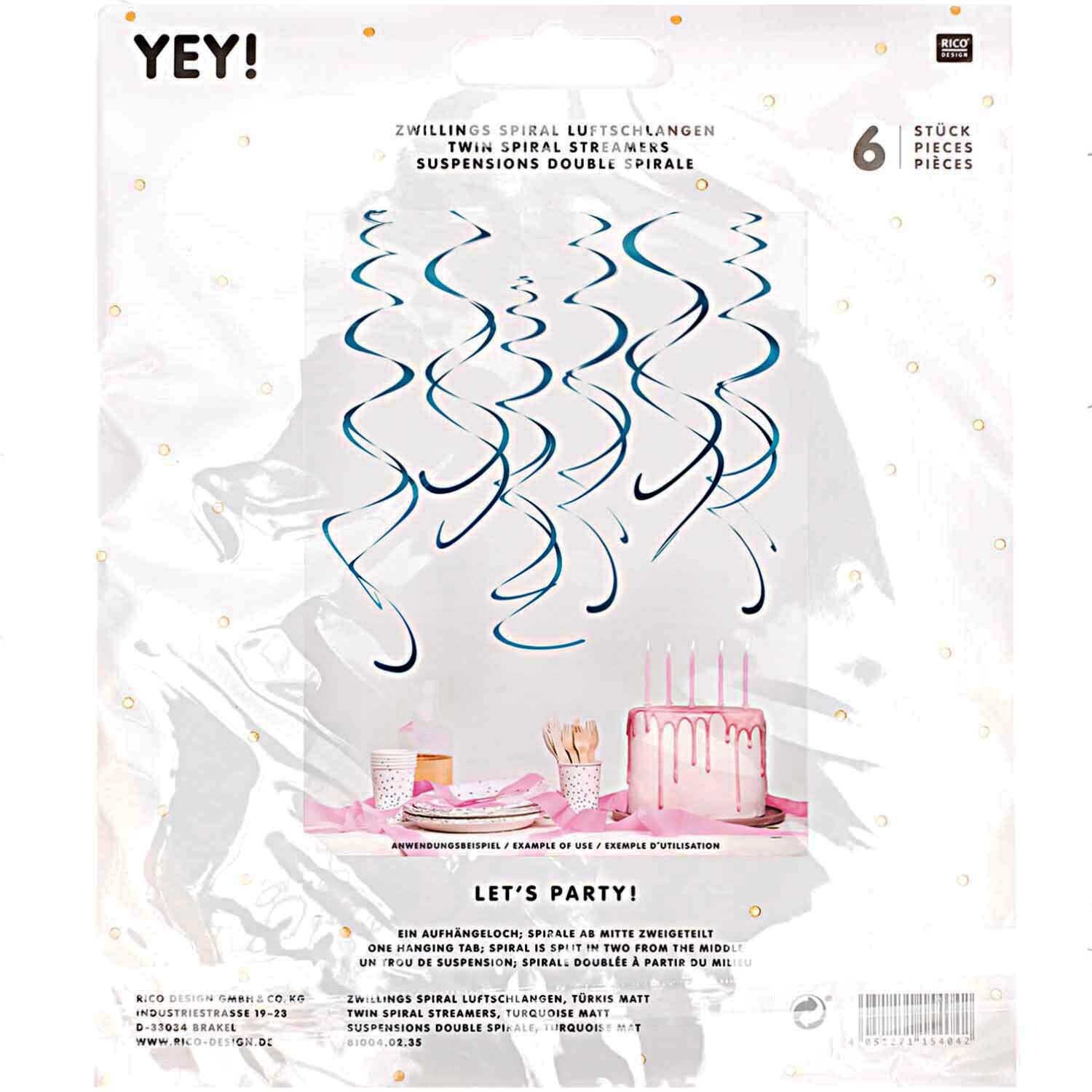 Spiralluftschlangen 60cm 6 Stück von Rico Design in Türkis Matt, dekorativ über einem Partytisch mit rosa Torte und Partyzubehör.