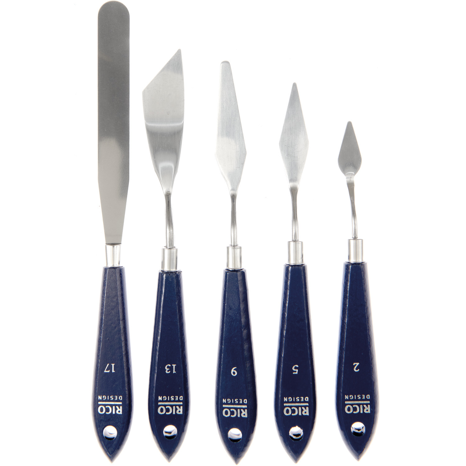 Spachtelset blau, 5-teilig von Rico Design. Fünf verschiedene Spachtel mit blauen Griffen. Ideal für kreative Arbeiten.