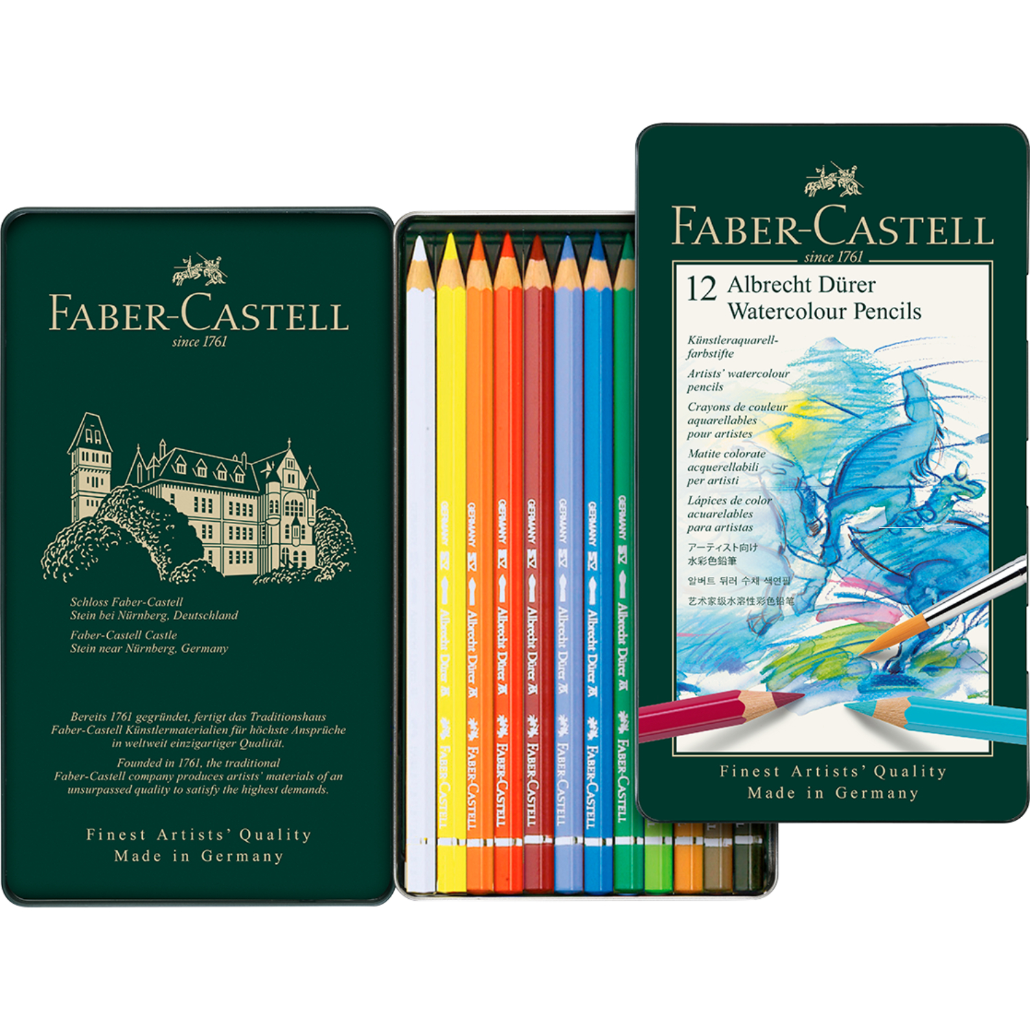 Albrecht Dürer Metalletui mit 12 Aquarellstiften von Faber Castell, in einem eleganten silbernen Design.