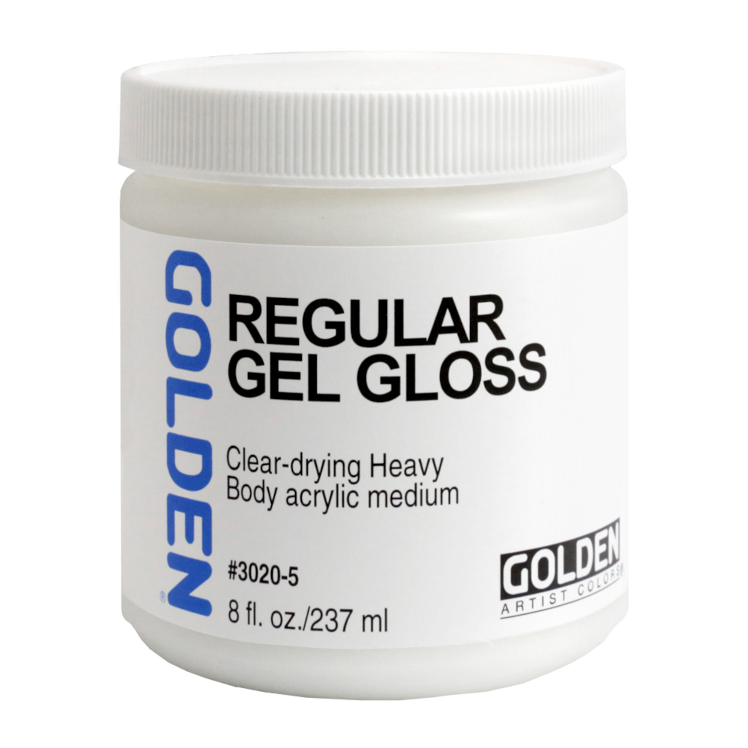 Golden Regular Gel-Glanz, 237ml, weißer Behälter mit blauem Logo, ideal für klare, schwere Acrylanwendungen.