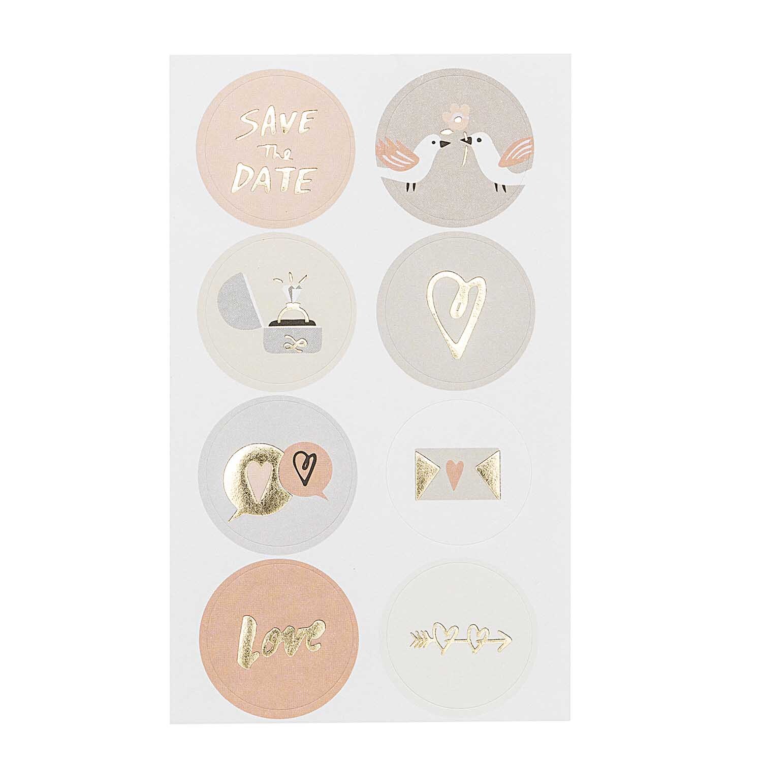 Paper Poetry Sticker Hochzeit rund 4 Blatt, mehrfarbig, mit romantischen Motiven wie Herzen und Tauben, ideal für Einladungen.