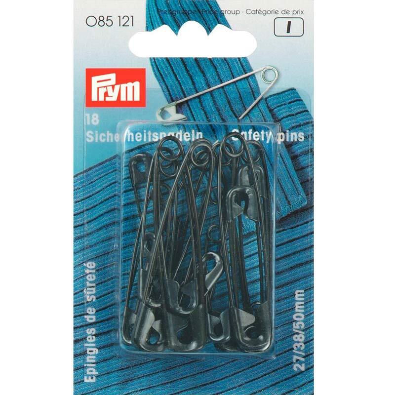 Sicherheitsnadeln schwarz 3 Gr. 18 Stück von Prym, auf blauem Hintergrund in Verpackung.