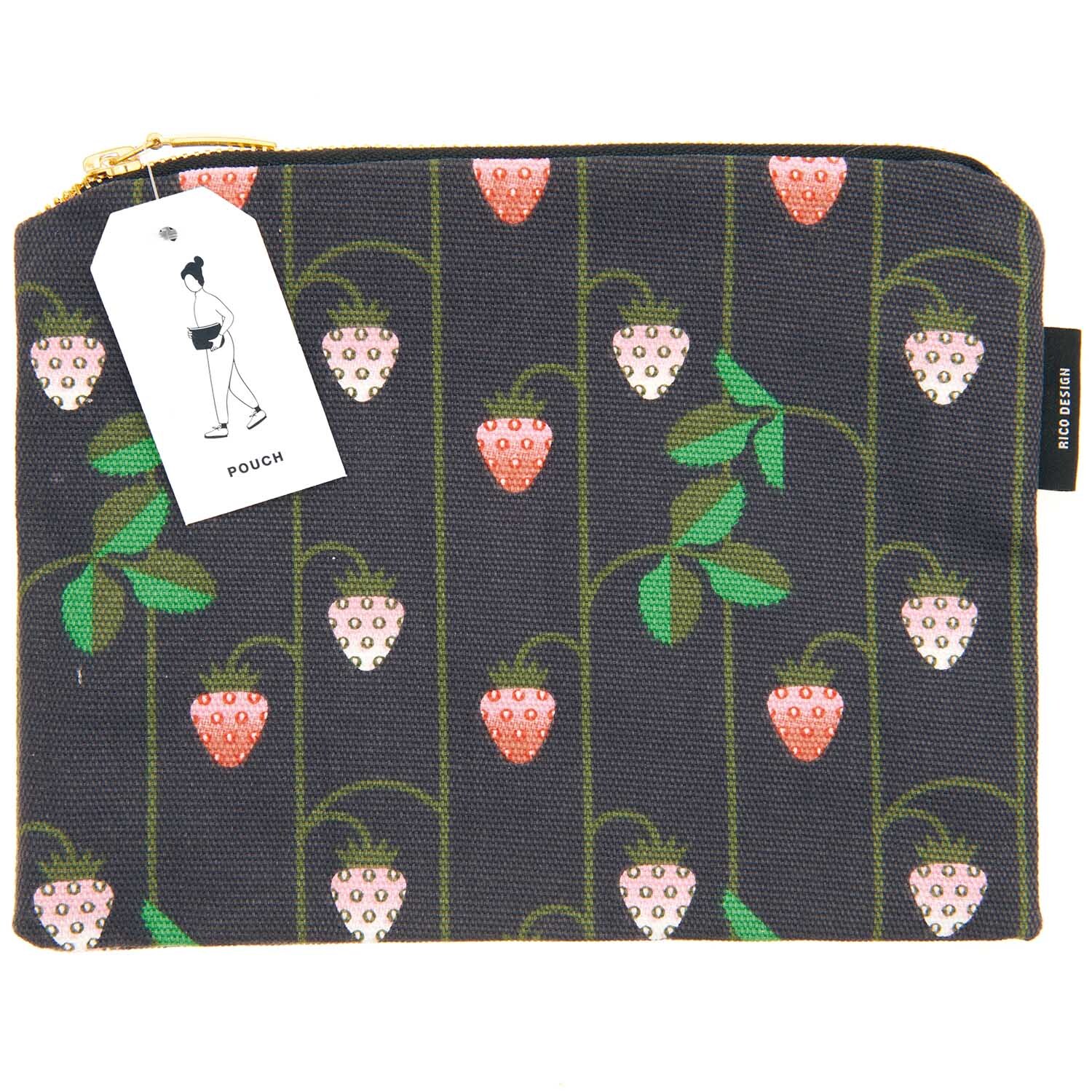 Pouch Erdbeeren blau 17x23cm mit Erdbeermuster und grünem Blattdesign, von Rico Design. Ideal für stilvolle Aufbewahrung.
