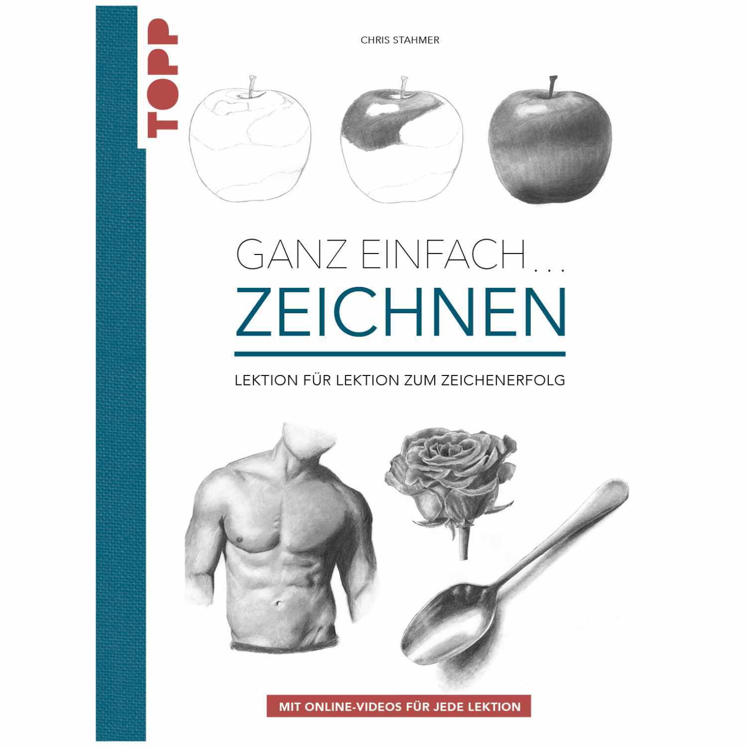 Ganz einfach zeichnen: Buchcover mit Zeichnungen von Apfel, Torso, Rose und Löffel, Marke TOPP.